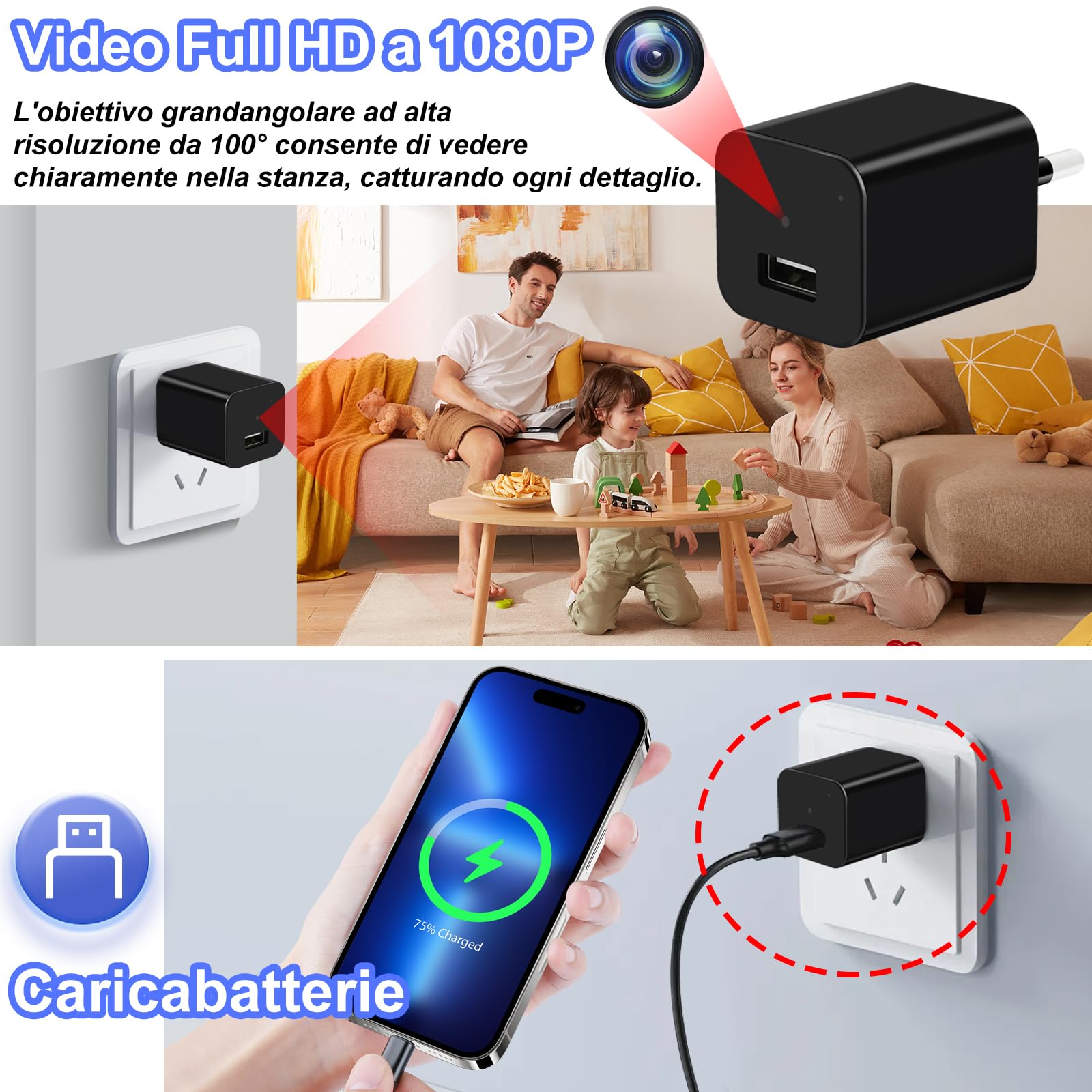 TANGMI Telecamera Spia, Caricatore/Adattatore USB Mini Telecamera Spia Nascosta, Registrazione Video HD 1080P Micro Telecamera Spia con Rilevamento del Movimento e Registrazione in Loop