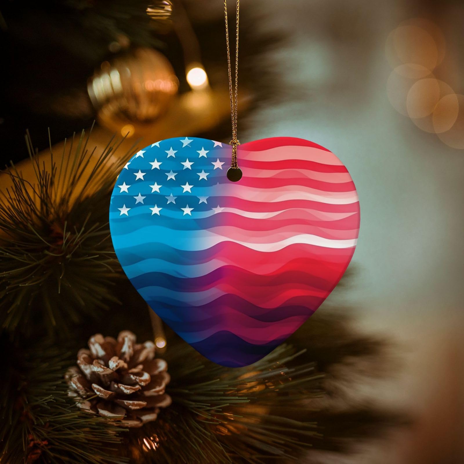 Christmas Tree Ornaments Ceramics Christmas Decorations Gradient American Flag Ornaments with Gold Ribbon Porcelain Xmas Tree Crafts Heart Shape Hanging Pendant for Christmas Tree Party Decor
