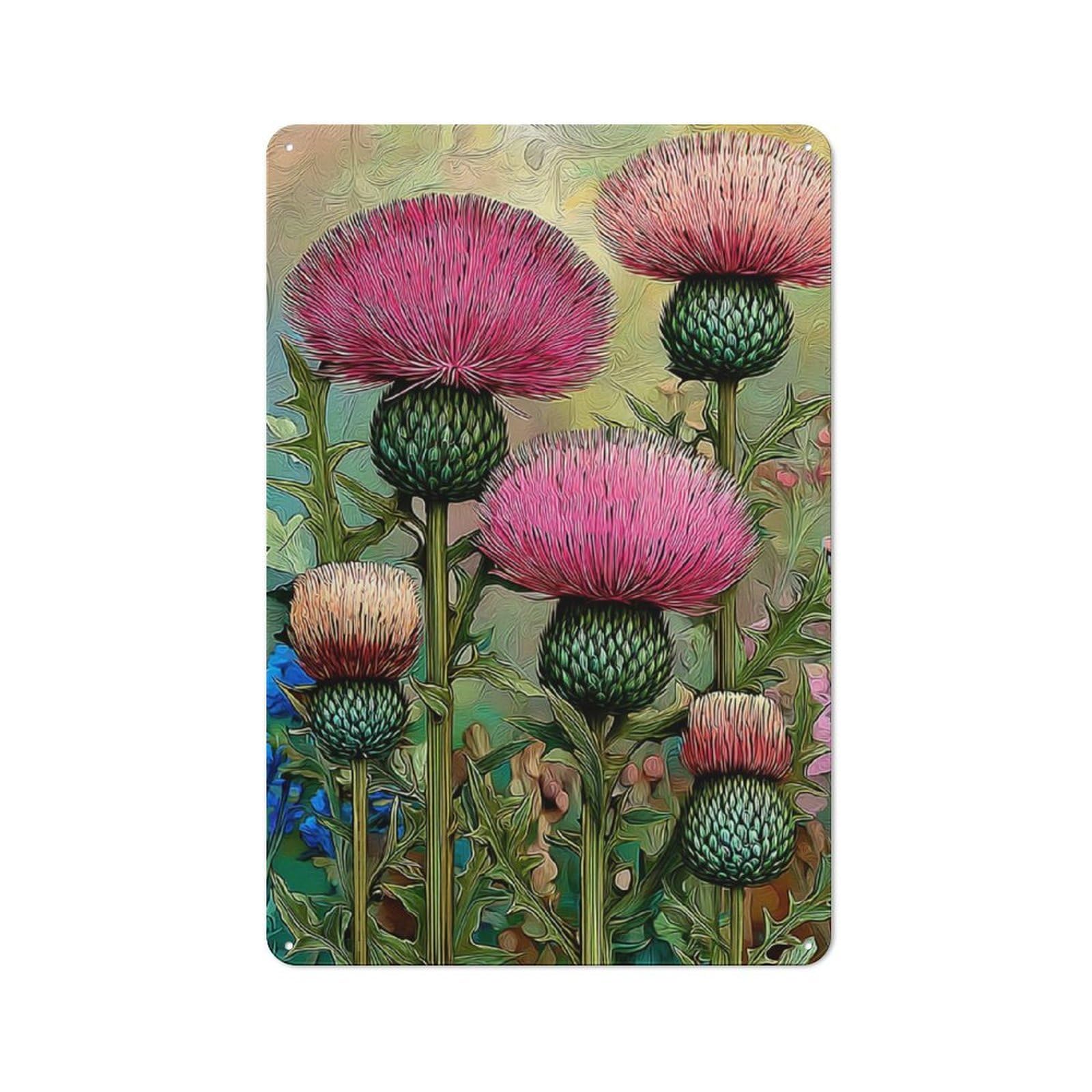 Junmoney Vibrant Thistle Blooms For Lounge Or Reading Corner, Retro Metal Sign 30X20cm, For Metal Sign Collectors, For Garage And Workshop Walls