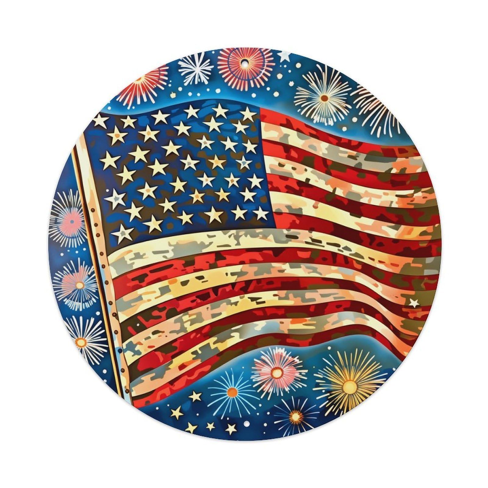 American Flag Fireworks Pattern Round Tin Sign Vintage Metal Poster, Home Bar Garage Man Cave Cafe Indoor & Outdoor Wall Decoration 8x8Inches
