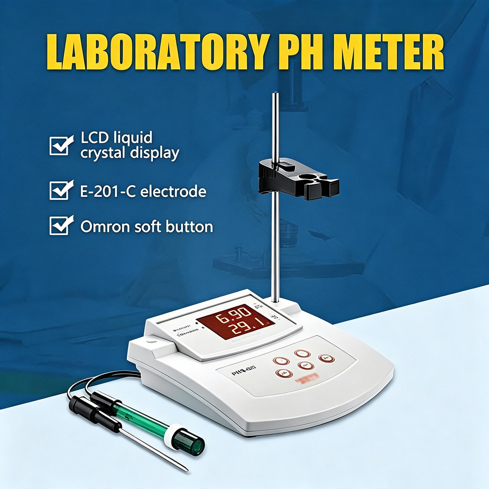 Medidor de pH de escritorio, probador de acidez de calibración automática, precisión de pH ± 0,01 con electrodos de pH/temperatura, ATC, soporte, para pruebas ambientales y ecológicas