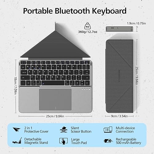 Miniatura 2 de MicroPack - Teclado Bluetooth plegable con panel táctil y soporte, cubierta de piel sintética, batería de 500 mAh. Teclado portátil ultrafino
