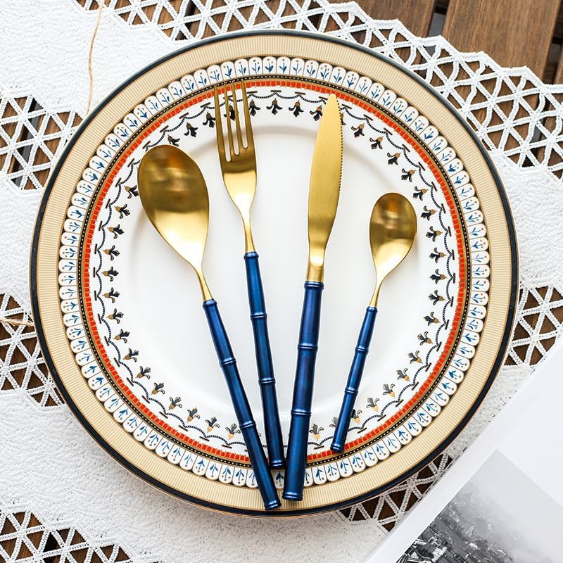 Silverware Flatware Cutlery Set, 4/16/24/32/40/48 Pieces 304 Stainless Steel Blue And Gold Main Meal Knives, Forks, Spoons, Tea Spoons, Various Matching Hotel Restaurants, Blue Gold 32 Pieces for 8