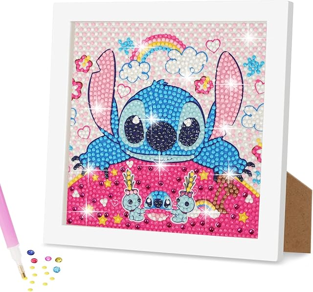AUAUY 5D Diamond Painting Kit for Kids, Art Crafts Kits with Wooden Frame, Cartoon Diamond Art Easy Kits, Anime Diamond Painting Full Drill Diamond Art Gem Painting for Girls Boys Beginners (Cartoon)