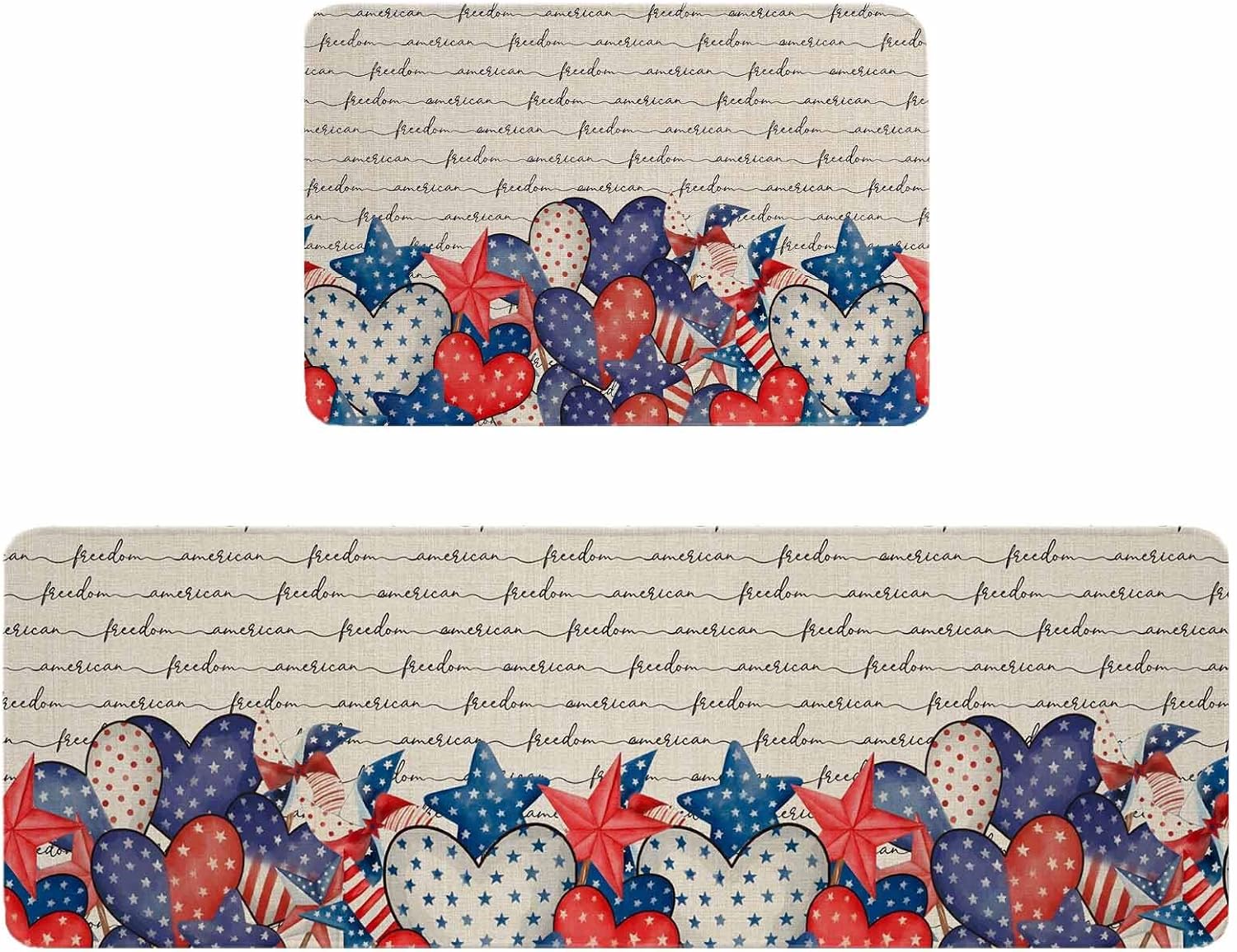 4th of July Kitchen Rugs and Mats Set of 2, Non-Slip Kitchen Sink Mat, Independence Day Farmhouse Stars Red Blue Washable Doormat Bathroom Rugs Runner for Bedroom/Living Room 17.7"x30"+17.7"x47.2"