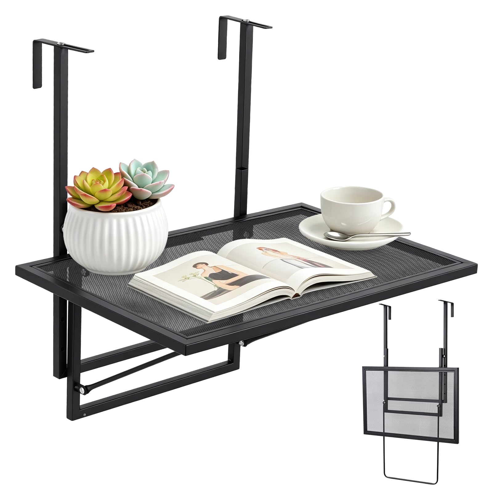 papasbox Table de balcon pliable - 60 x 40 cm - Réglable en hauteur sur 5 niveaux - Table suspendue pour balcon et terrasse