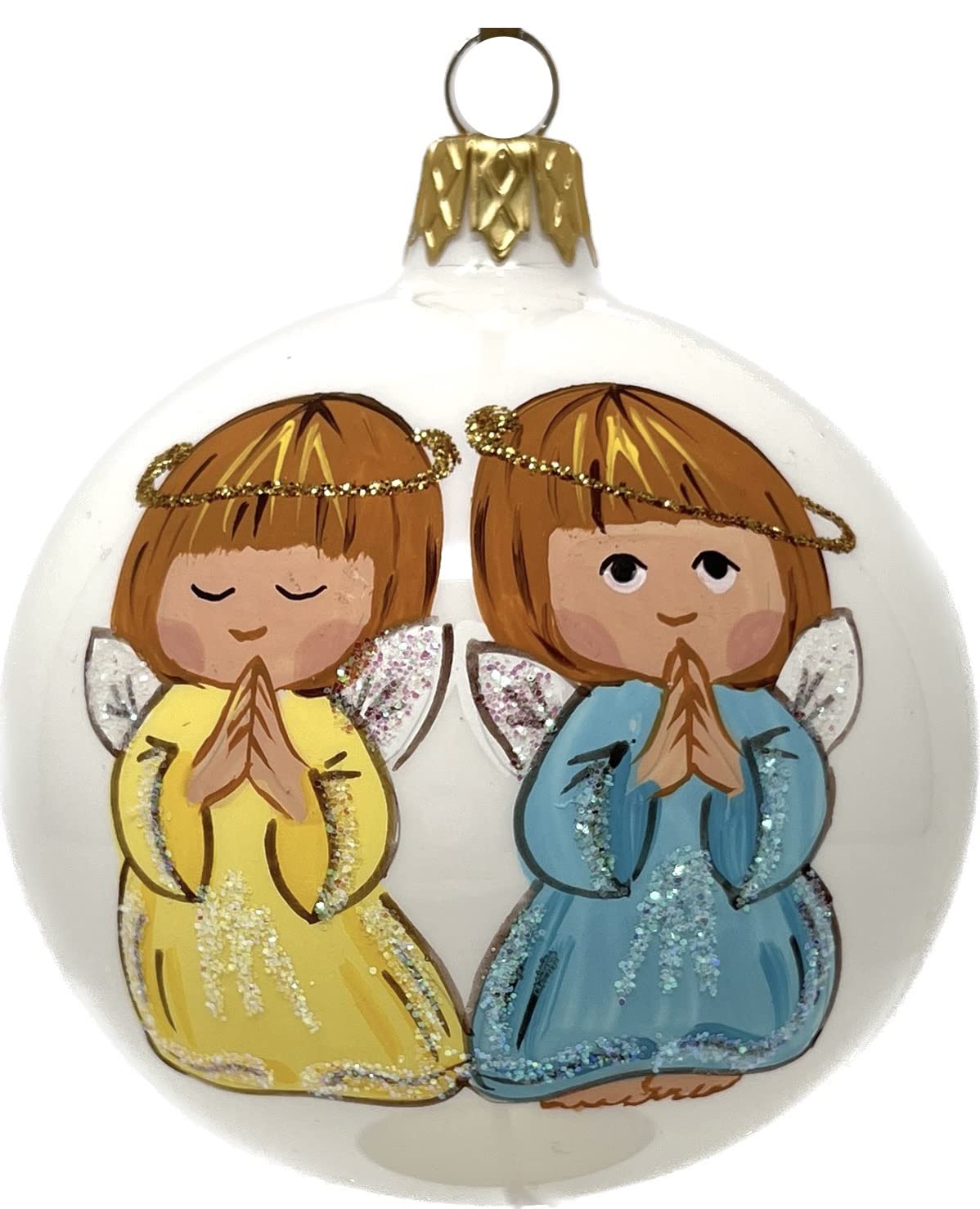 Polish Gallery Christmas Ornament, Two Praying Angels, Blown Glass Ball 3-inch (80mm) (Praying Angels, White - Yellow/Blue Angel)