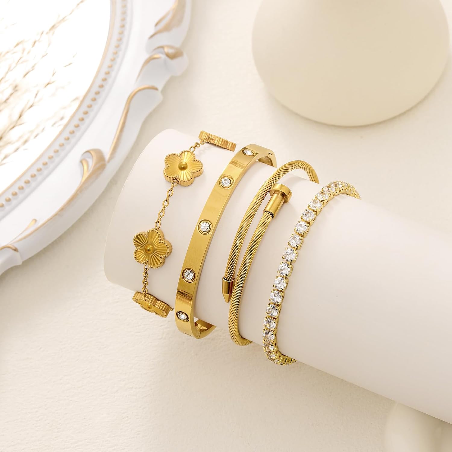 18K Gold Plated Womens Stackable Floral Bracelets Set,Twisted Cable Bangle,Trendy Jewelry,Waterproof adjustable bracelet,Christmas Birthday Gifts for Girlfriend or Mother. - Image 8