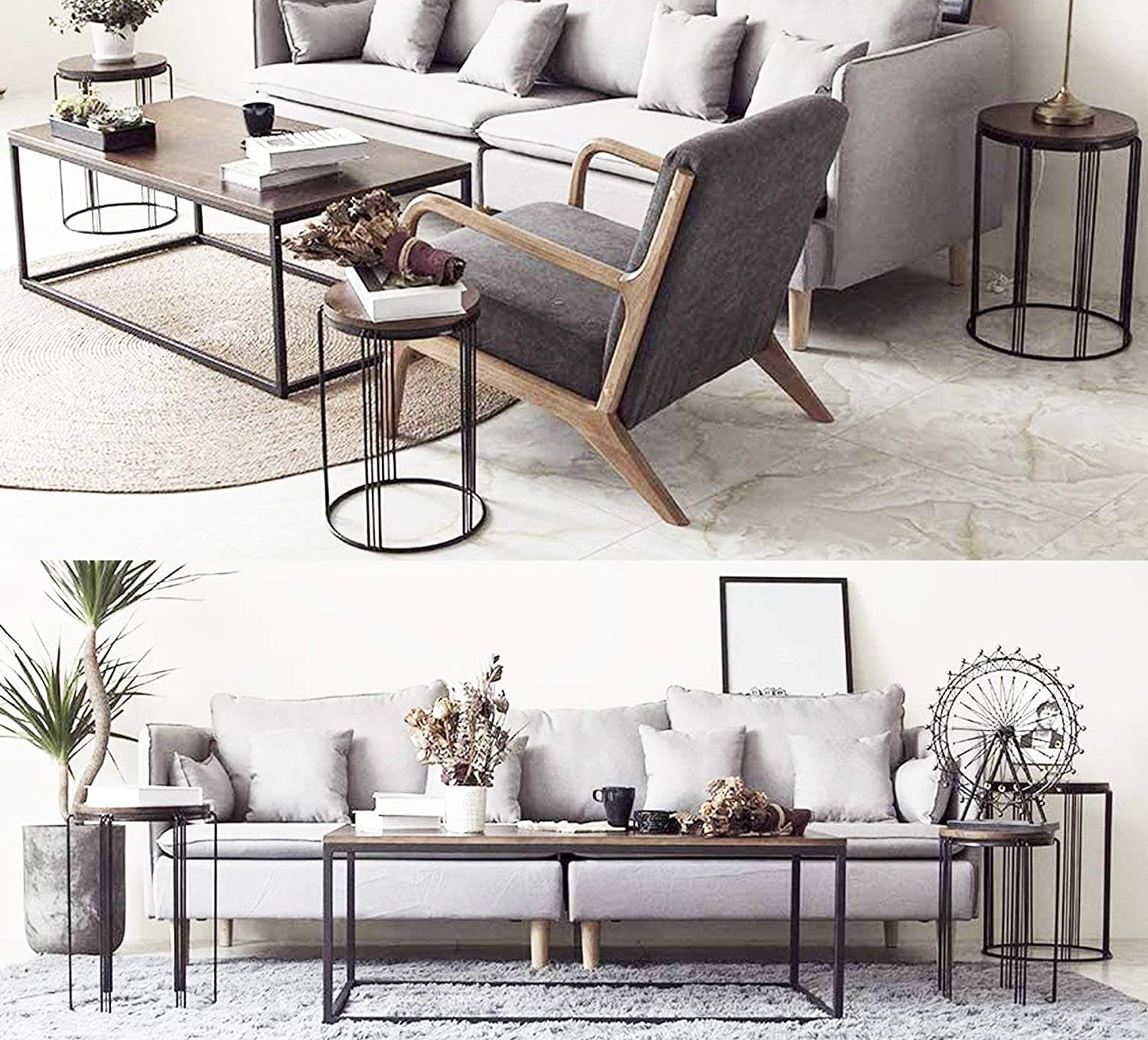 . 45881 Patio Side End Plant Tables Outdoor Set of 3, Round Rustic Metal Wire Frame with Fir Wood Top, Industrial Nesting Stacking Coffee Tables for Living Room Balcony Indoor Home Office 3