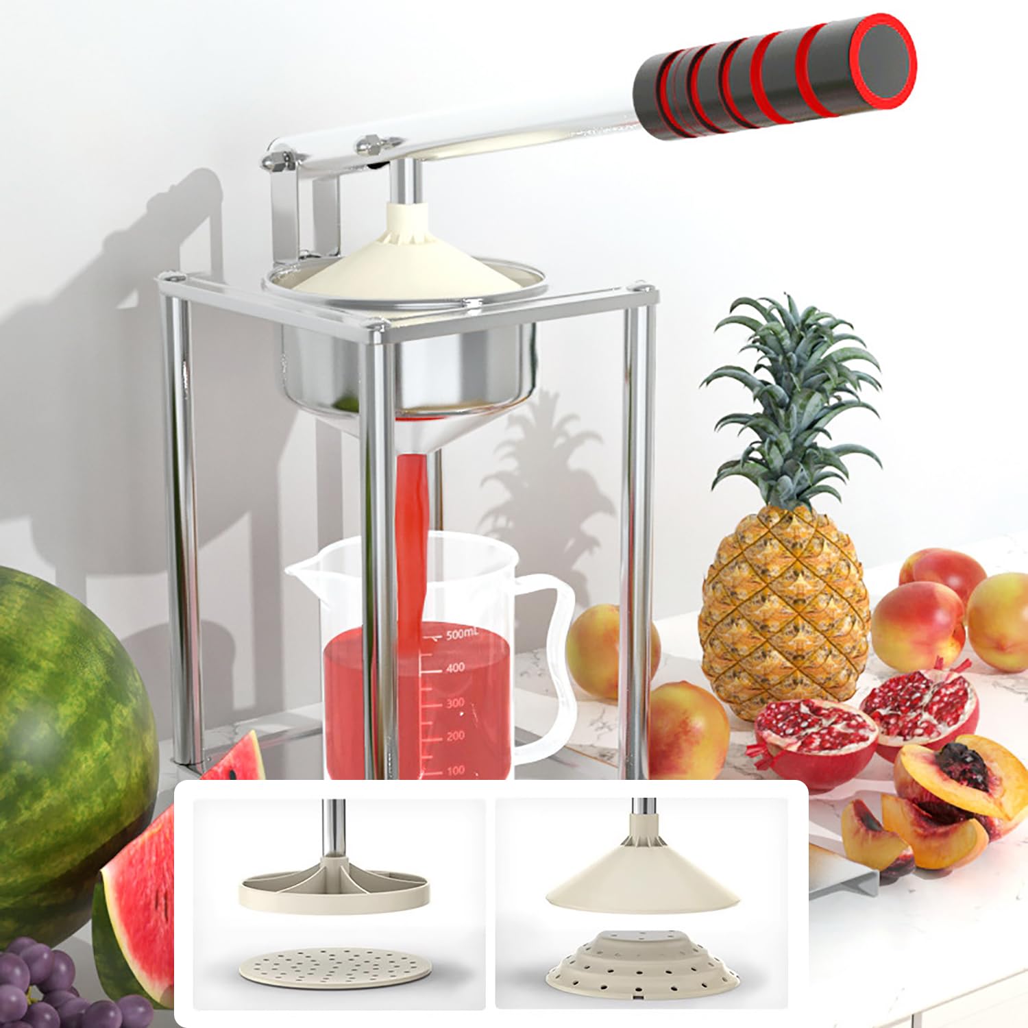 Spremiagrumi Manuale Premium in Acciaio Inox,Spremiagrumi Commerciale a Pressa Manuale con Bicchiere Dosatore,Spremi Frutta Professionale,per Melograno,Limone,Lime e Agrumi,30 Filter Bags