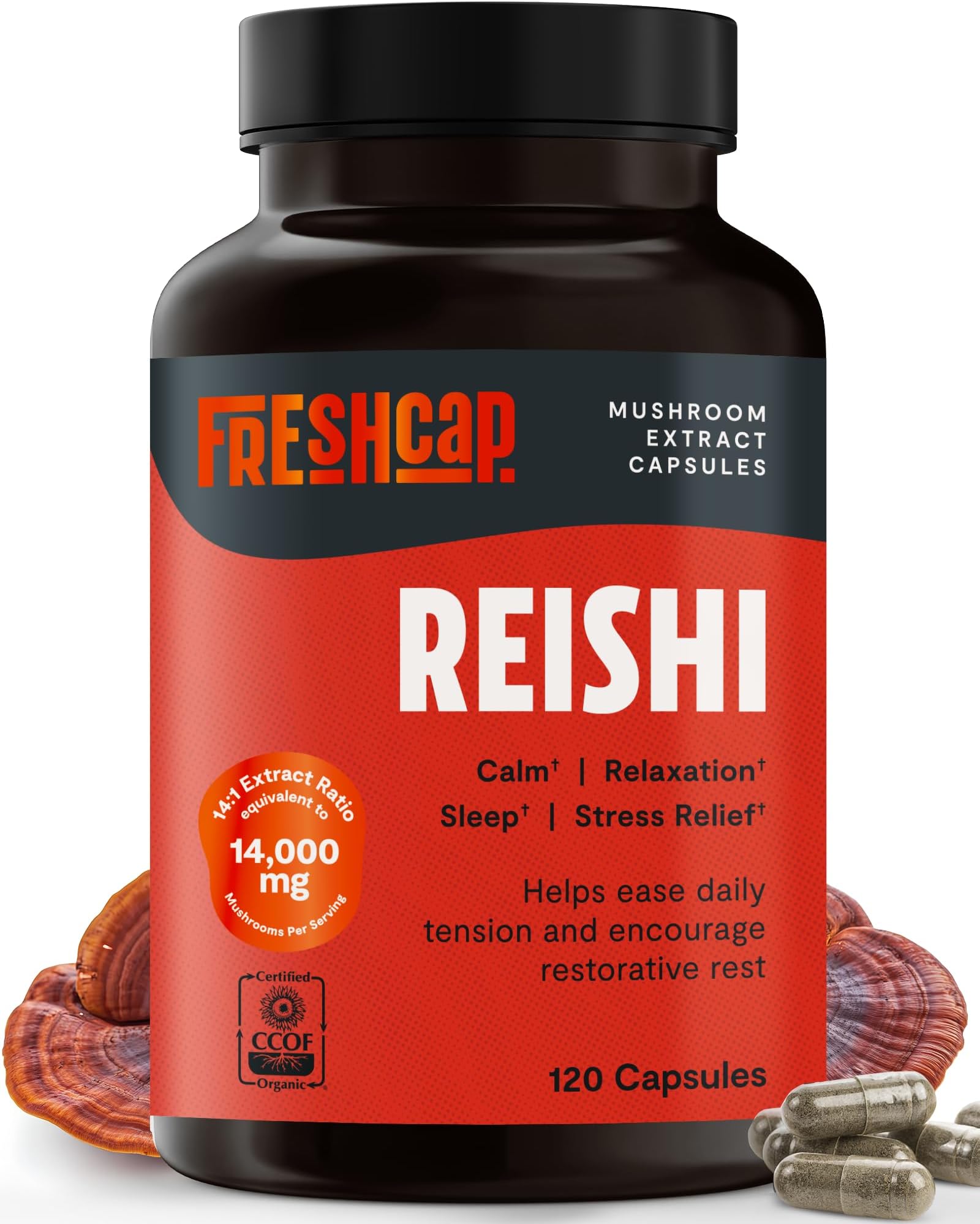 FreshCap Organic Reishi Mushroom Supplement for Healthy Aging, Sleep, and Immunity | 120 Capsules, 60 Day Supply | Concentrated Extract from Whole Fruiting Body and Spore