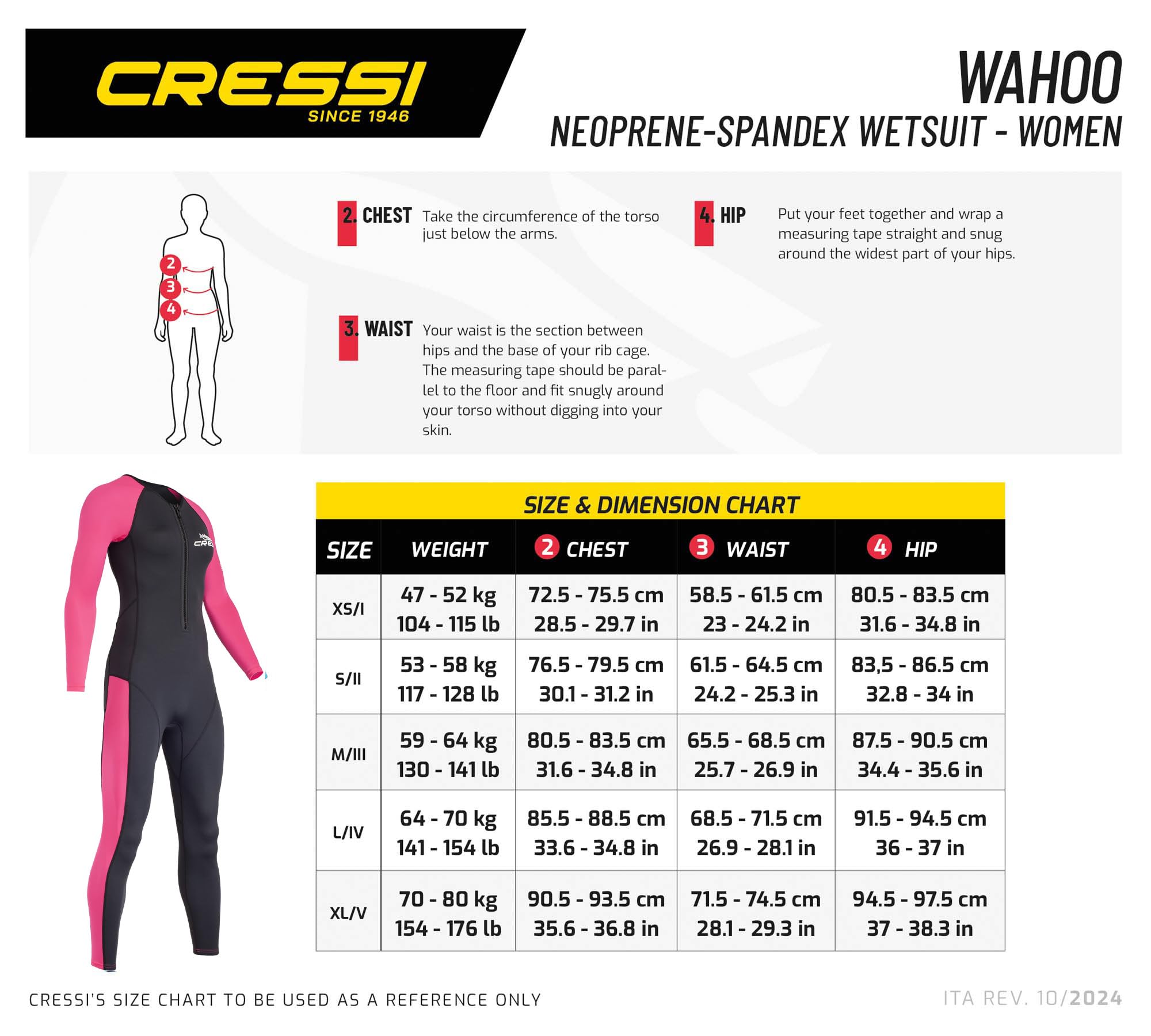 CRESSI Wahoo Lady Monopiece kombinezon czarny/różowy 2 mm XS/1 - damski jednoczęściowy kombinezon z miękkiego neoprenu 1,5/2 mm i elastanu idealny do różnych aktywności wodnych, czarny/różowy, XS/1