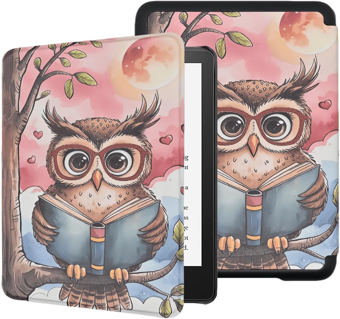 Case for All-New 6" Kindle 11th Generation 2022/2024 Release, Owl Reading Books Lightweight PU Leather Book Cover with Auto Wake/Sleep Hand Strap