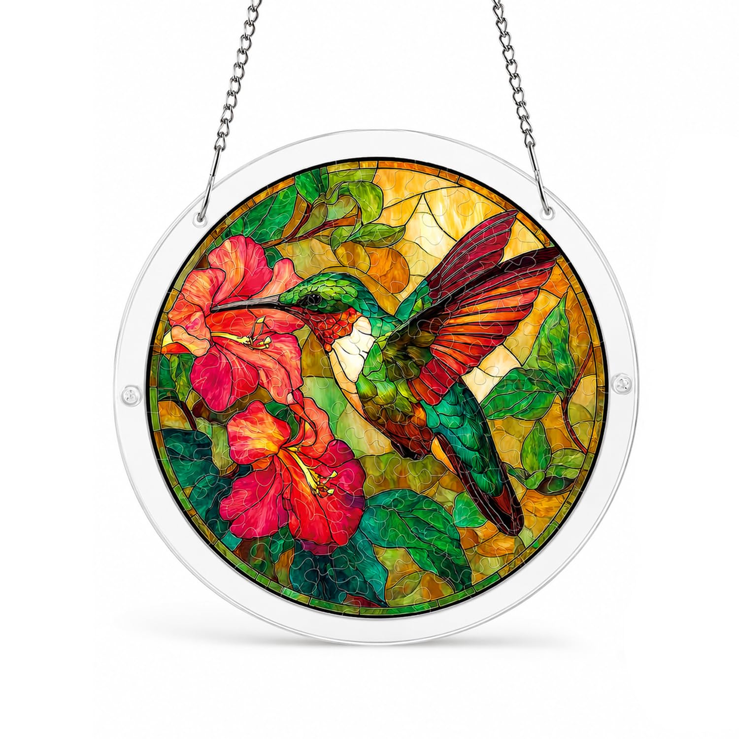 Suncatcher Puzzle, Acrylic Puzzle Suncatcher Hummingbird Theme, DIY Suncatcher Kit with Iron Chain for Bedroom, Living Room, Balcony 7.4IN