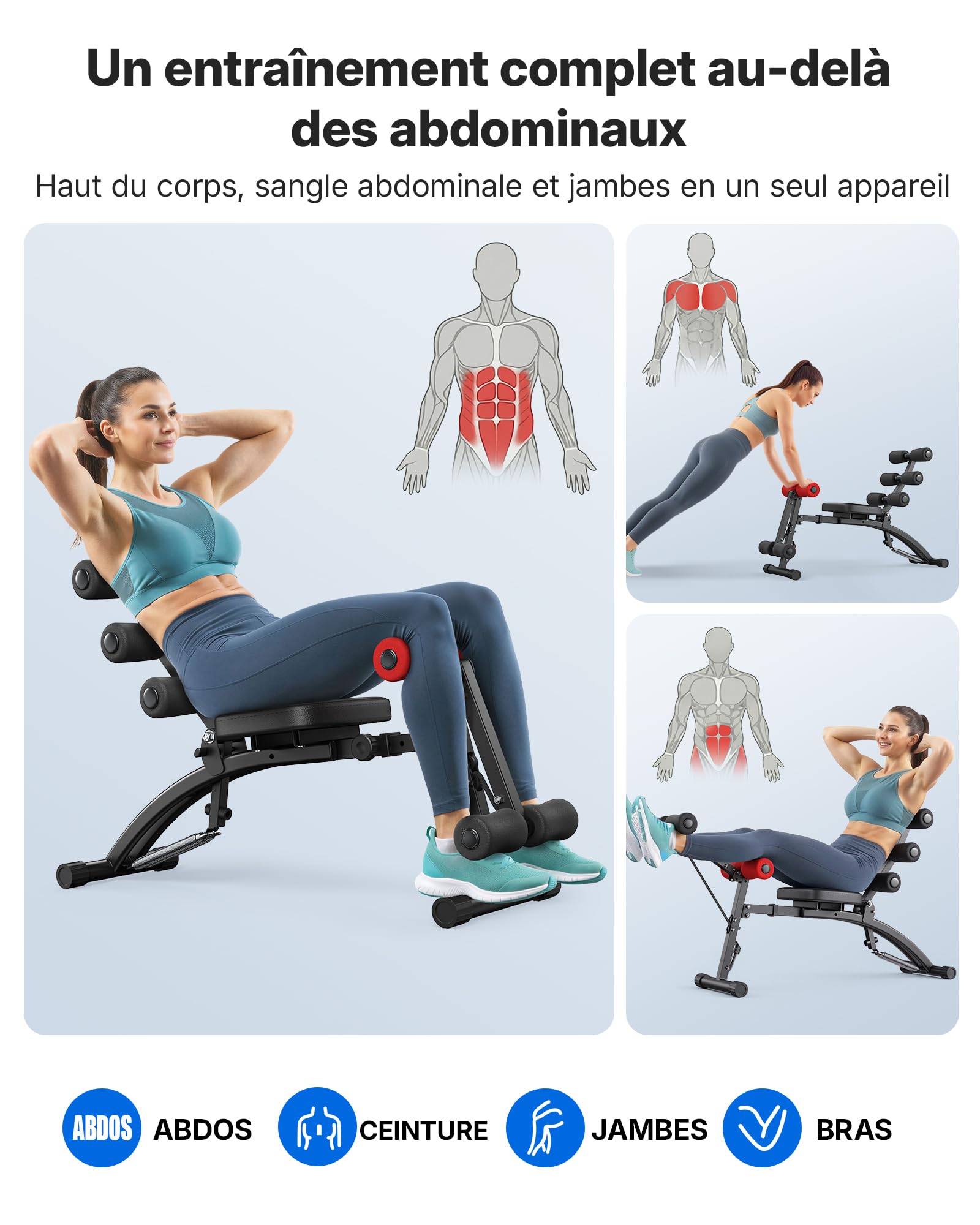 MERACH Machine d'Abdos, Banc de Sit-Up Réglable, Machine d'Abdominaux pour Home Gym pour Taille Abdos Hanches Jambes, Max 136KG, pour Sit-Up/Vélo Aérien/Torsion Abdominale/Relevé de Jambes etc.
