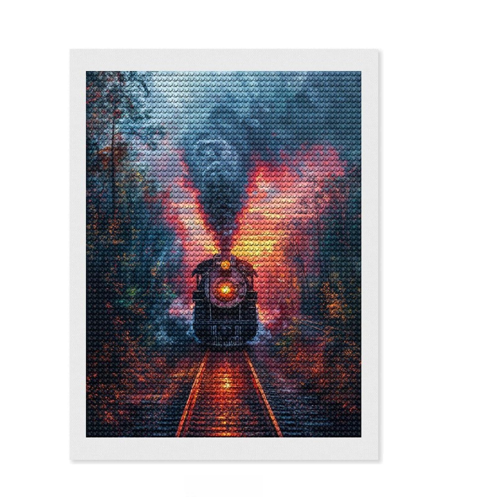 Junmoney Steamtrain on The Rails Round Drill Diamond Painting 12"x16", for Teens, Relaxing DIY Hobby, Boho Decor, Thoughtful Handmade Gift