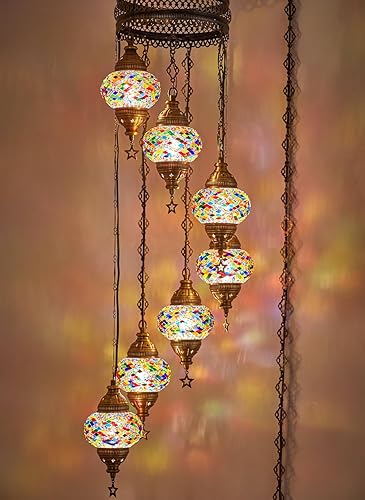 DEMMEX Lámpara colgante de techo Tiffany de 7 globos con mosaico turco marroquí bohemio Tiffany con cadena de cable de 15 pies y enchufe, 50