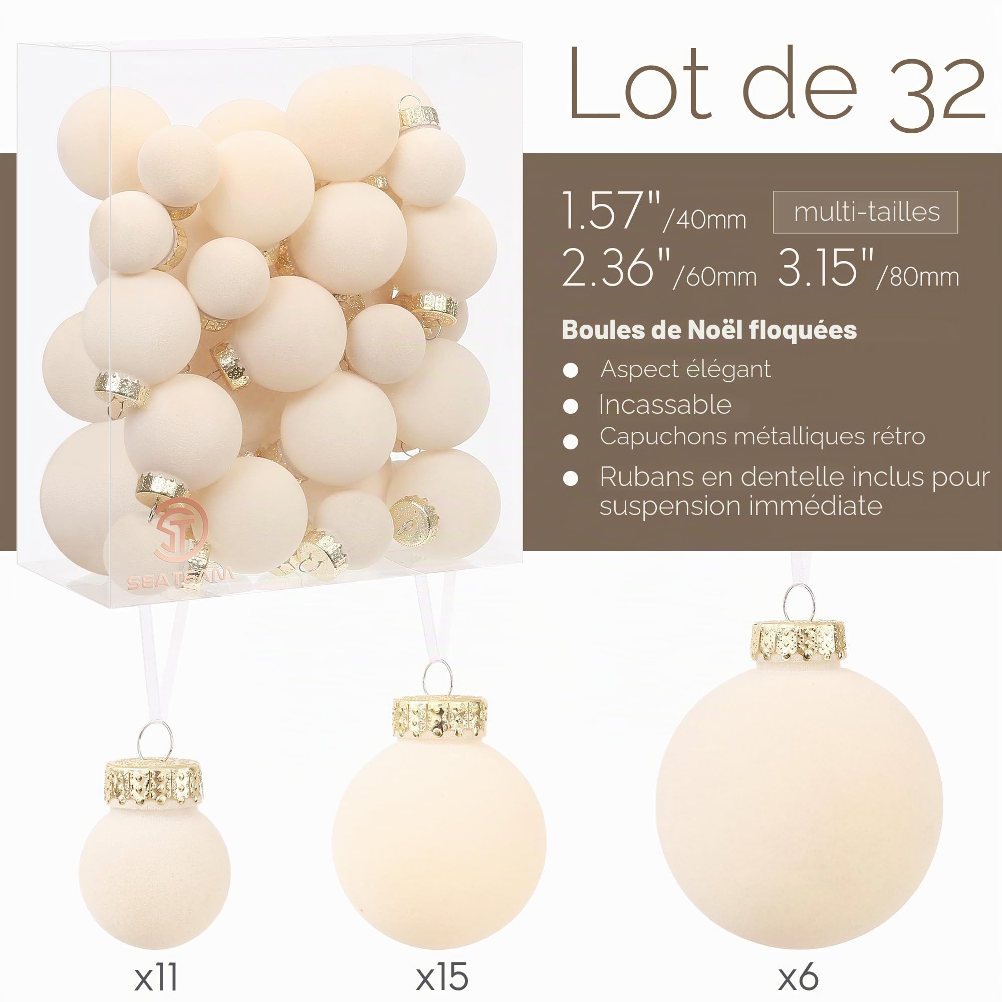 Sea Team 32 Boules Noël Velours incassables multitaille crème | Boules en velours floqué incassable, parfaites pour sapin, couronne, guirlande. Idéales pour Noël, mariage, fête.