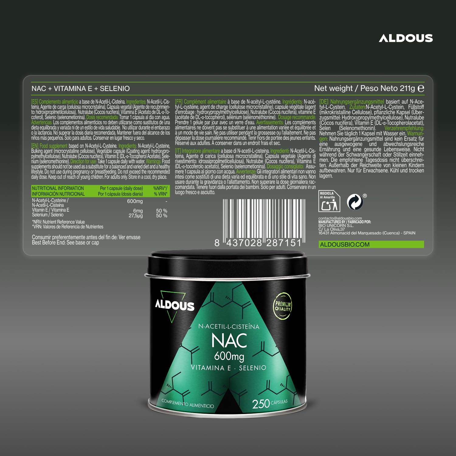 NAC N-Acetil-Cisteina 600mg + Vitamina E y Selenio - 250 Cápsulas - 1 al Día - Antioxidante y Glutation - Detox y Salud Respiratoria - Para +8 meses - Alta Concentración - Vegano - Aldous