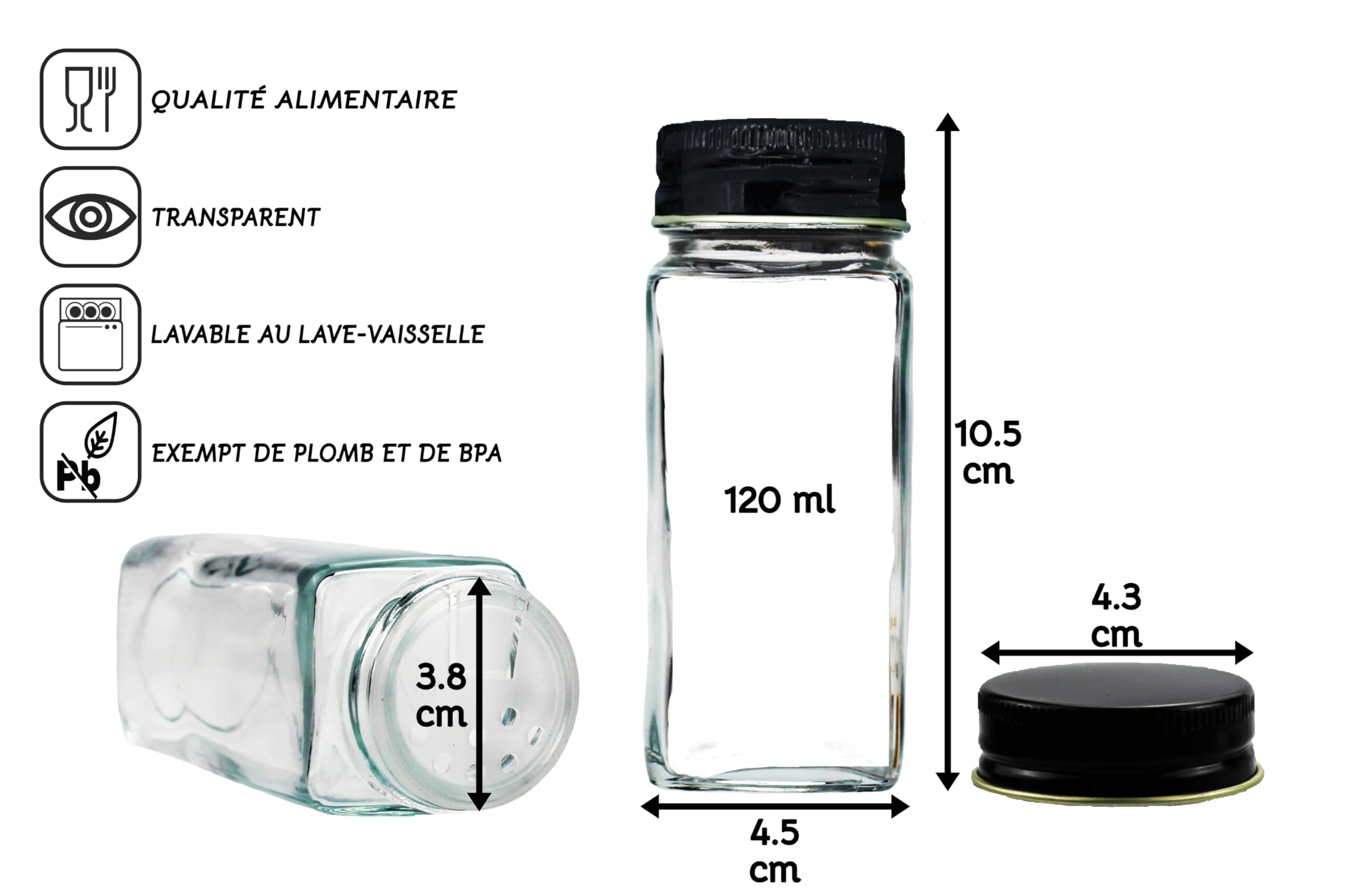 Lot de 24 x 120ml pots à épices en verre carré avec couvercle à vis, les étiquettes, les accessoires de saupoudrage et l'entonnoir en silicone (Métal)
