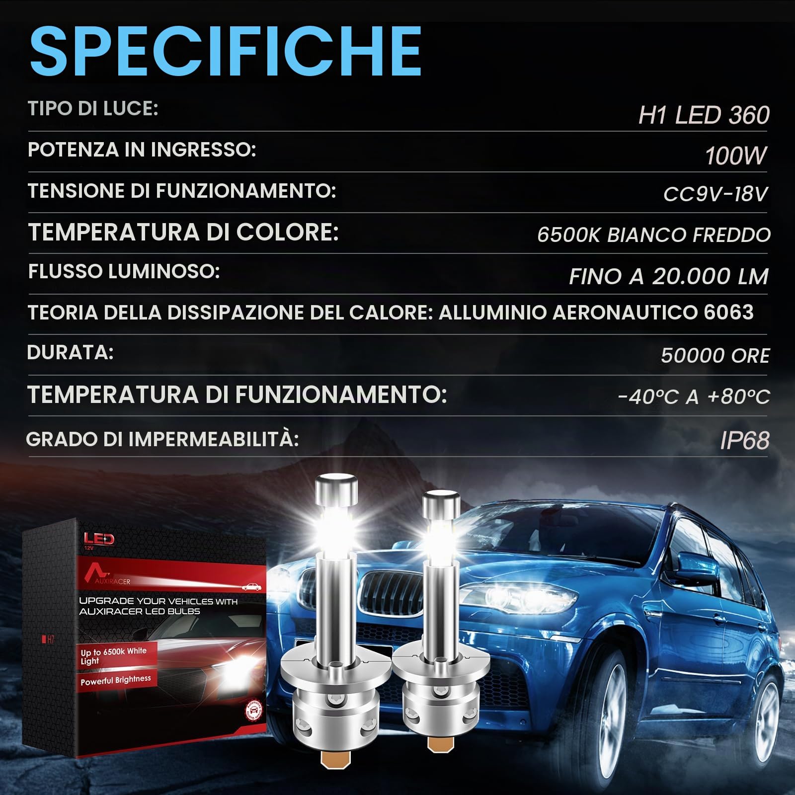 AUXIRACER H1 LED, 360 °6500K Brillante Lampadine H1 LED, per Fari Auto Anabbaglianti o Abbaglianti, 2 pezzi