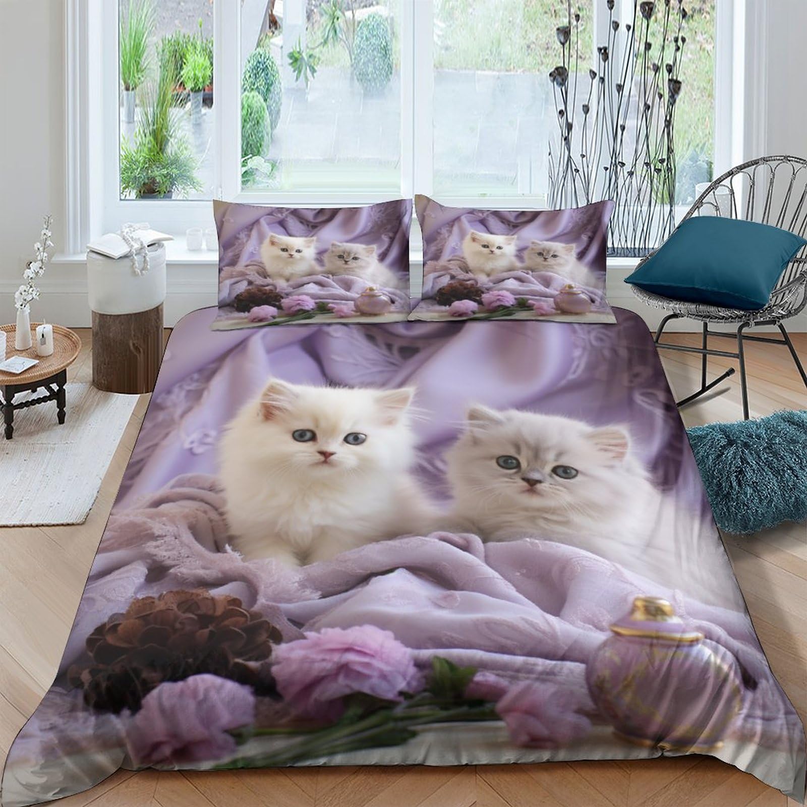 Parure kitten 3 pièces 200x200cm housse de couette en microfibre imprimé dessin