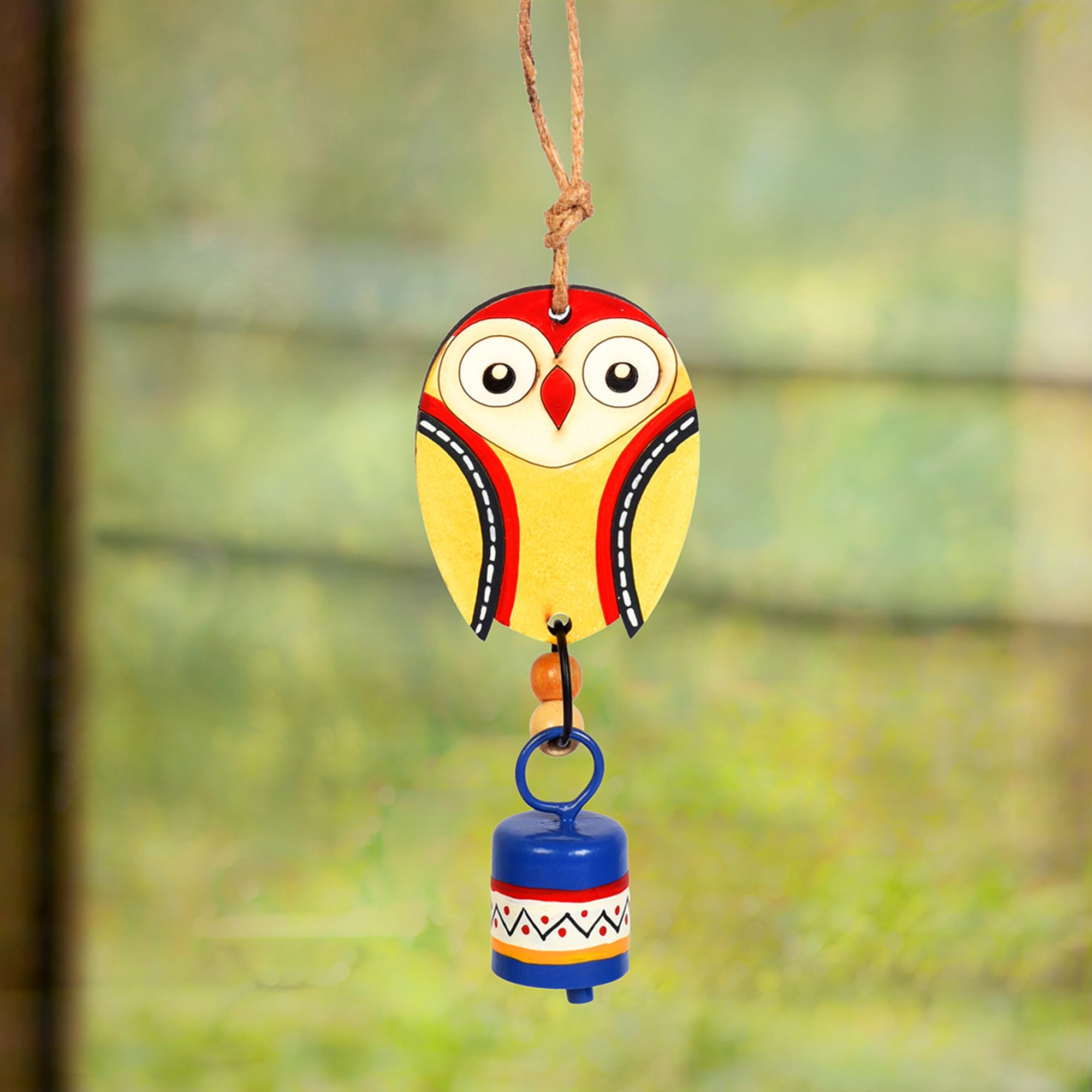 Aakriti Art Creations Hand-Painted Owl Wind Chime with Metal Bell, Yellow and Blue, 7 inches-picture-12