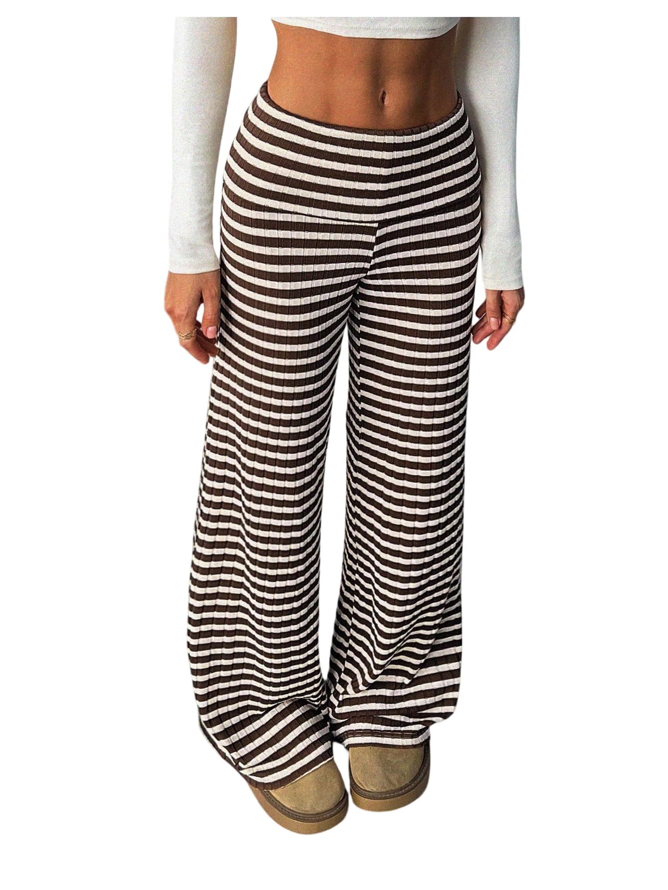 Womens Striped Ribbed Knit Wide Leg Pants Foldover Elastic Waist Casual Lounge Trousers