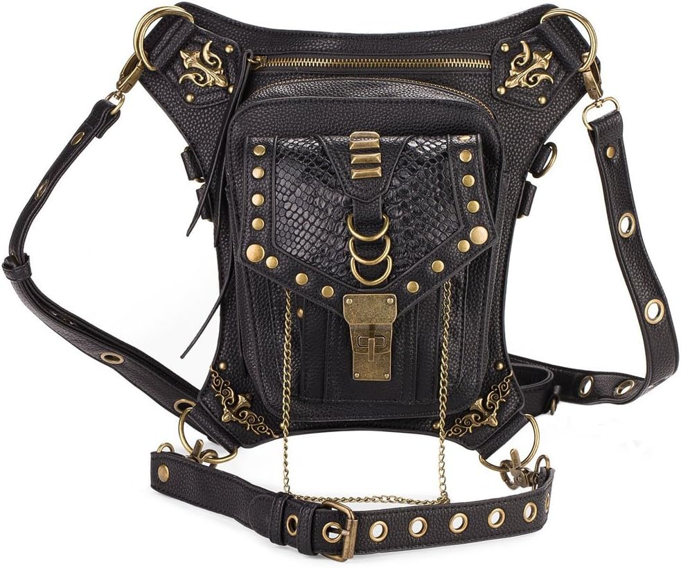 Cook shark Cestlafit Women Men Leather Steampunk Bag Vintage Shoulder Steampunk Handbag Gothic Waist Packs Leg Bag, Fleur de Lys & Chain, CFB004-1