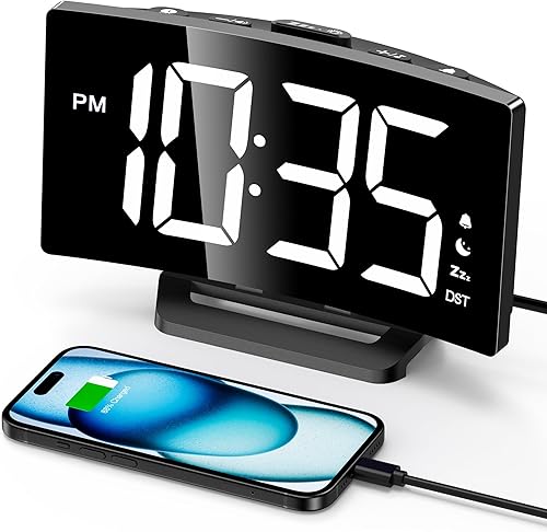 Miniatura 10 de GOLOZA Reloj despertador digital para dormitorios, reloj digital con diseño curvo moderno, números LED azules llamativos, 5 niveles de