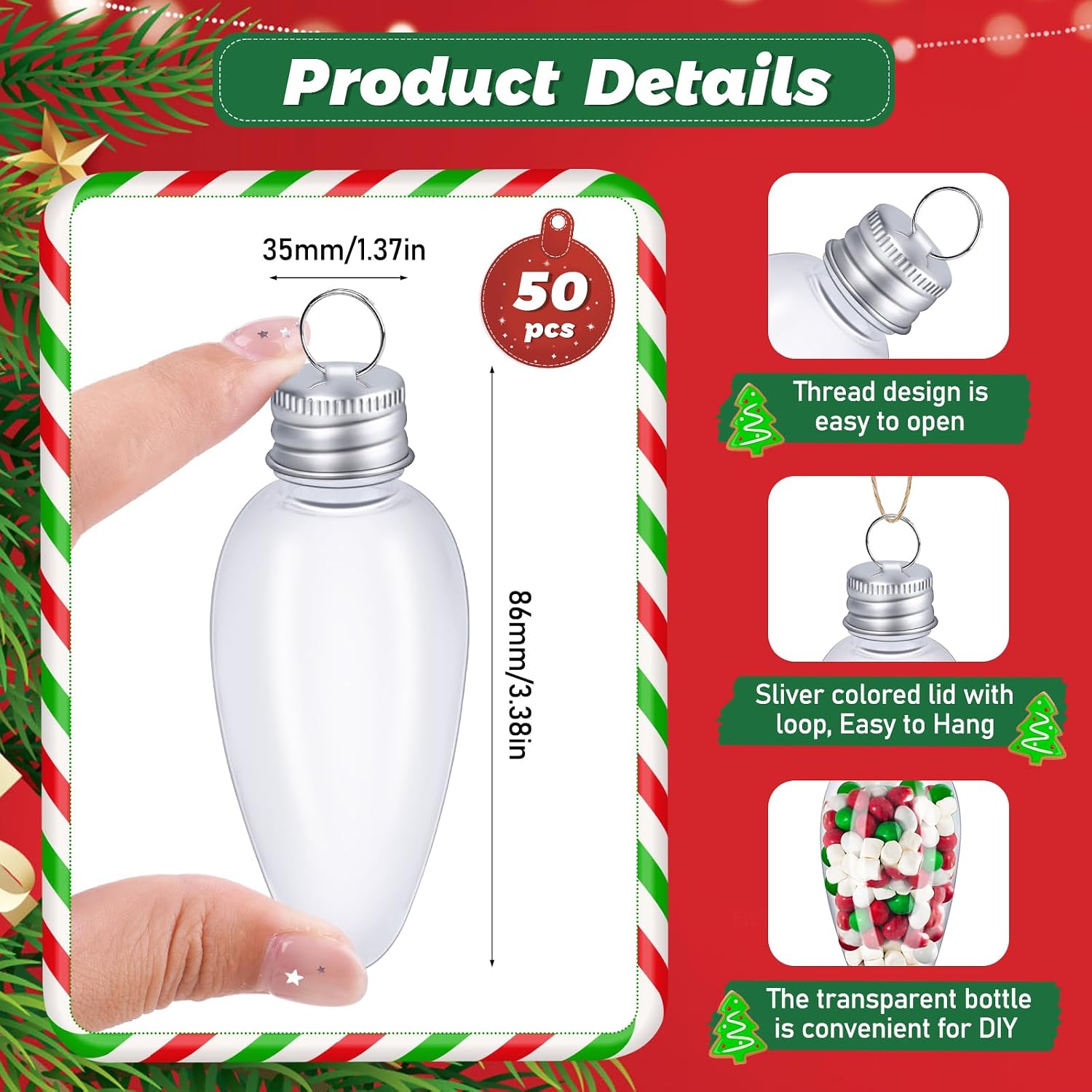 5/10/50 PCS Christmas Clear Plastic Bulb Shape Ornaments Fillable DIY Light Bulb Clear Christmas Ornament Clears Plastic Xmas Ornaments Booze Ball for Xmas Home Party Decor(50pcs)