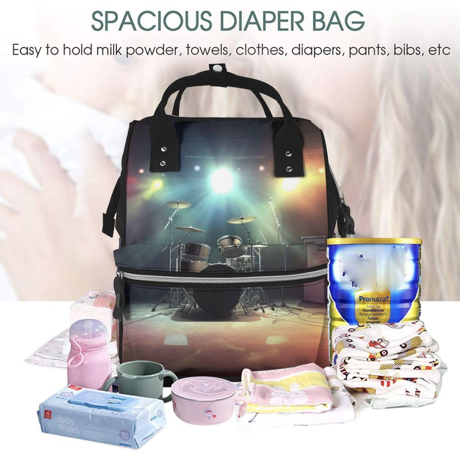 Rock Band Sac à langer multifonction Sac à dos étanche pour maman Sac à dos de grande capacité Sac à dos de voyage Essentials Sac à dos pour bébé avec matelas à langer, porte-tétine