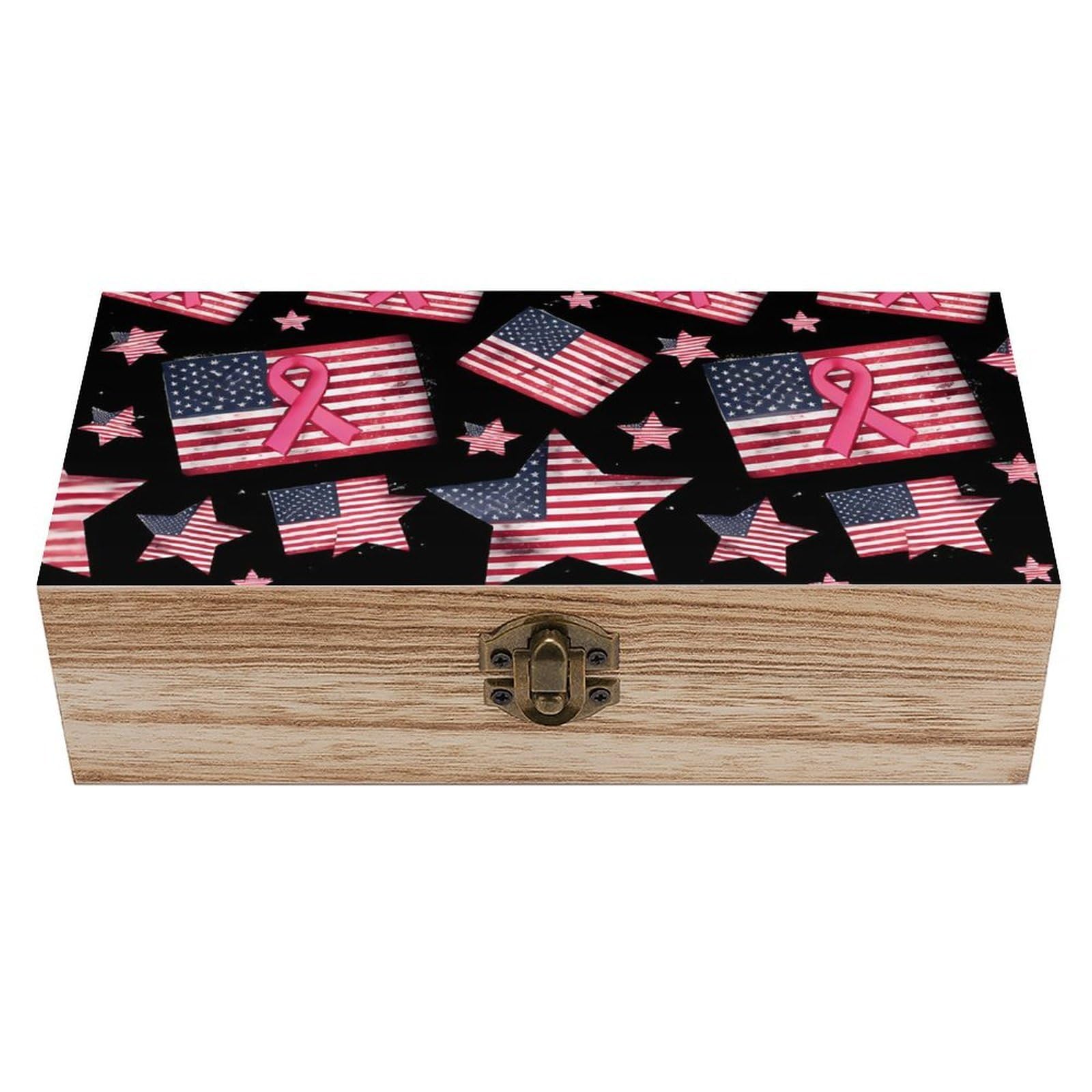 Breast Cancer Awareness Ribbon American Flag Black Wooden Storage Box