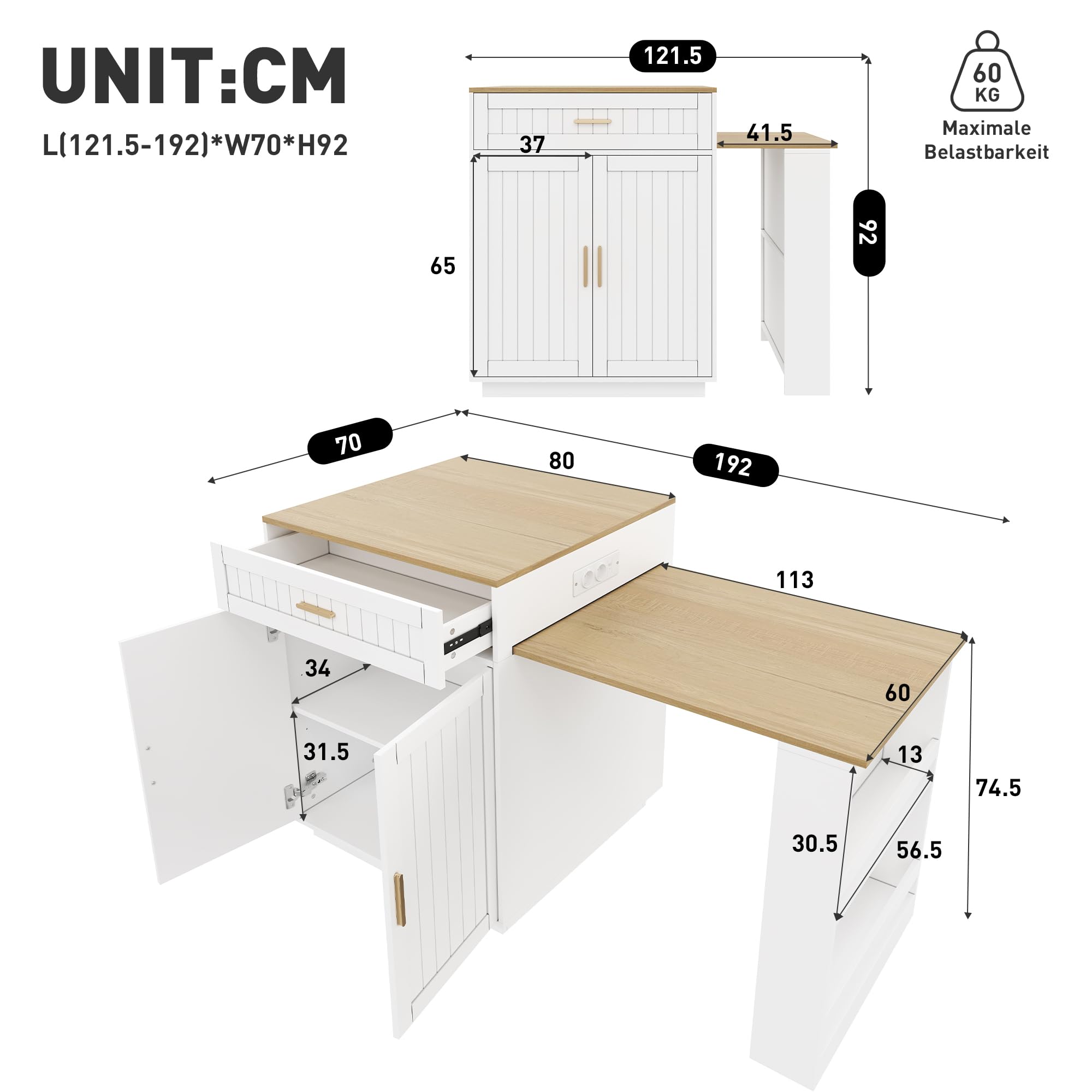 Mobile a isola da cucina, tavolo da bar allungabile con spazio e ruote, mobile da cucina con cassetti e mensola, 121,5-192 x 70 x 92 cm, bianco