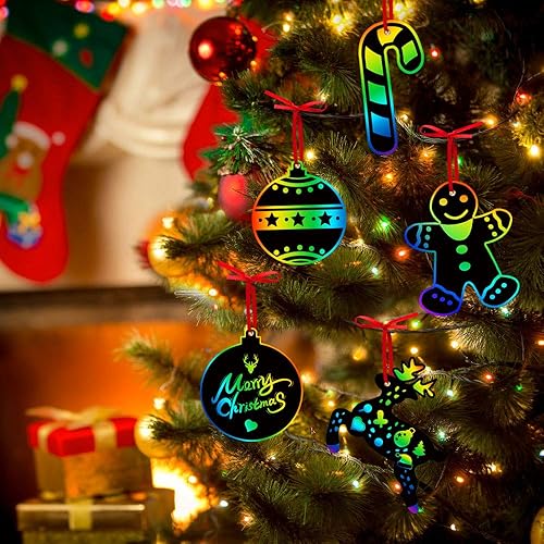 Miniatura 6 de ORIENTAL CHERRY Artes de manualidades navideñas para rascar, 48 tarjetas a granel de arte para rascar arco iris, suministros de papel para rascar