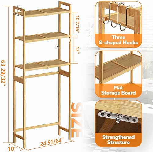 Miniatura 11 de AMBIRD Almacenamiento sobre el inodoro, organizador de baño de 3 niveles sobre el inodoro con estantes de bambú resistentes, estante de inodoro