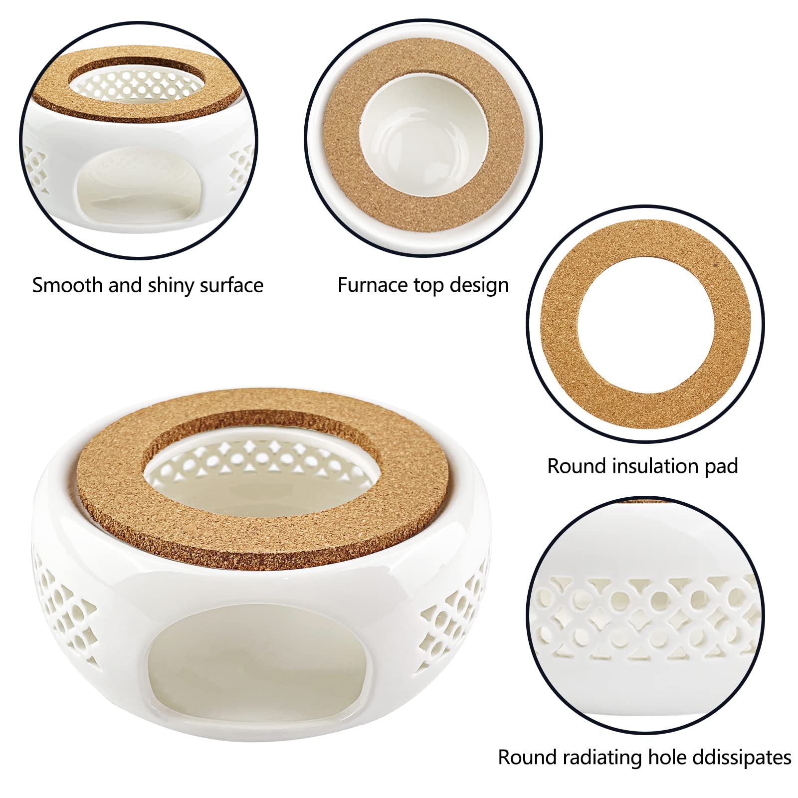 Relota Porcelanowy czajniczek do herbaty, podgrzewacz porcelanowy, rzeźbiona konstrukcja z poduszką korkową, świecznikiem, do podgrzewania i utrzymywania ciepła