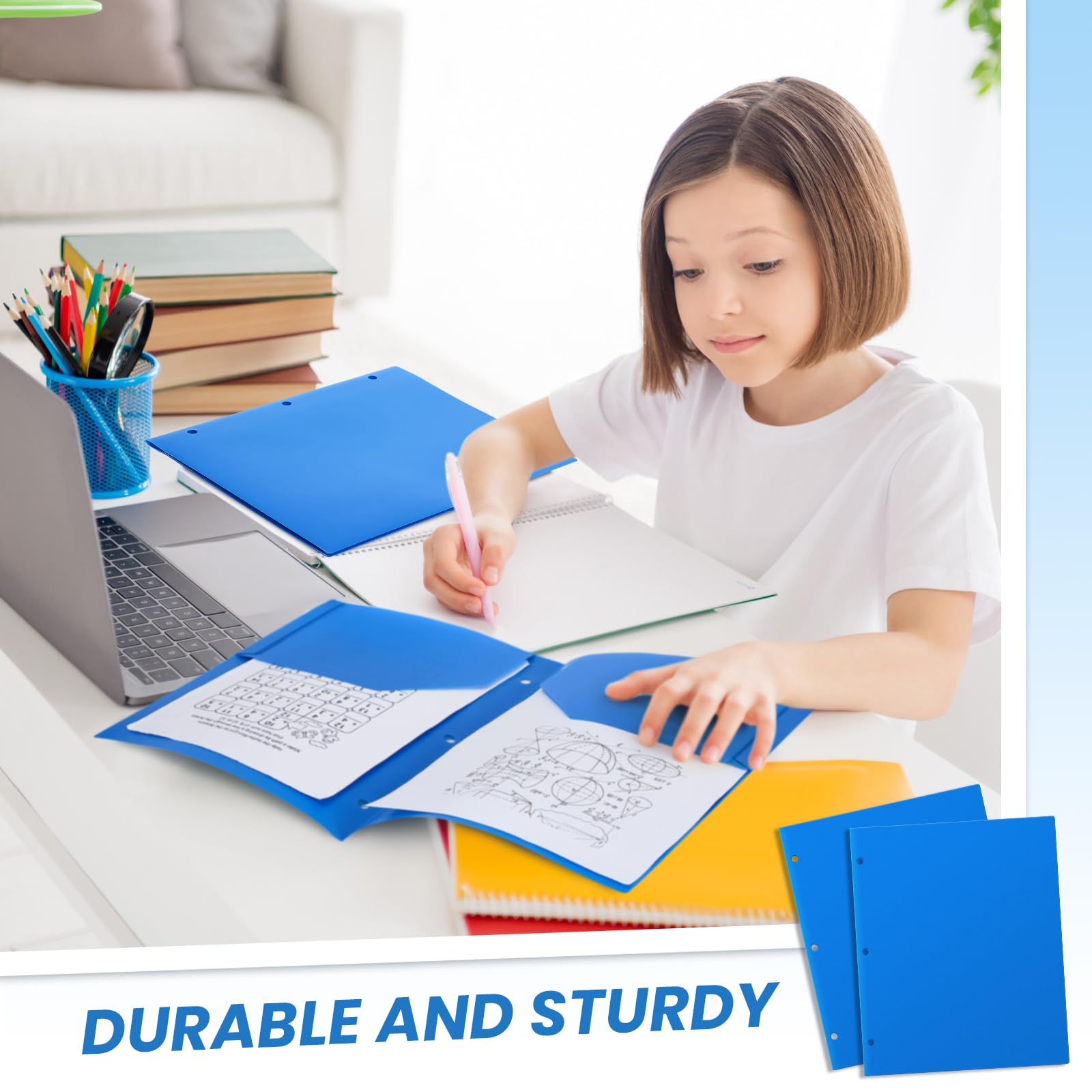 Yeaqee 100 cartelle in plastica con tasche, 3 fori, 2 tasche, per raccoglitori a 3 anelli, divisori, per notebook, in poliestere resistente, per ufficio e casa (blu)