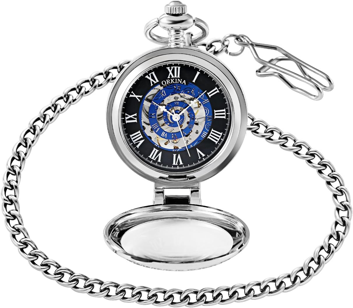 Skeleton Pocket Watch Mechanical Hand Wind Watch, Silver Case with 3D Dial