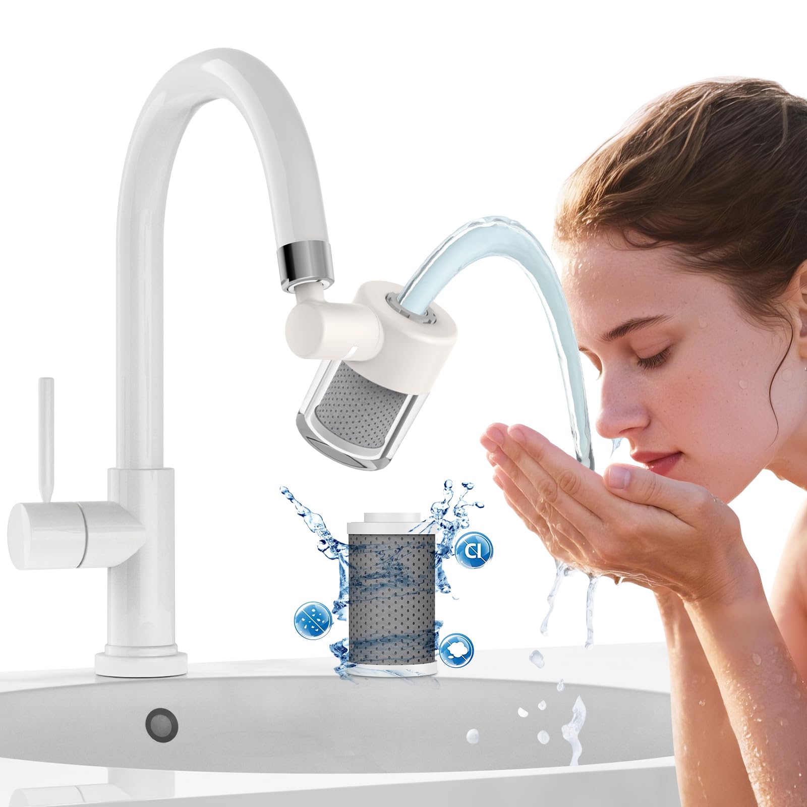 CECEFIIN Sink Faucet-Mounted Water Filters - 720 Rotating Water Filtration System, 2-Mode Spray, Carbon Filter Cartridges for Reduces Chlorine, Hard Water Softener, Last 528 Gallons Tap Water Purifier