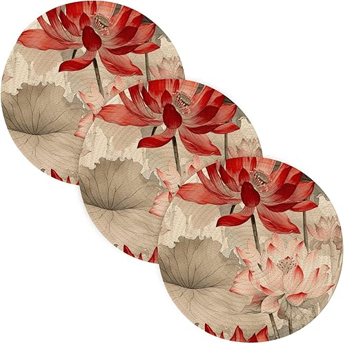 3 Pcs Trivet Hot Plate Red Lotus Watercolor Floral for Hot Dishes 15in Cotton Thread Weave Absorb Water Cooking Pad for Stove Camper Must Haves