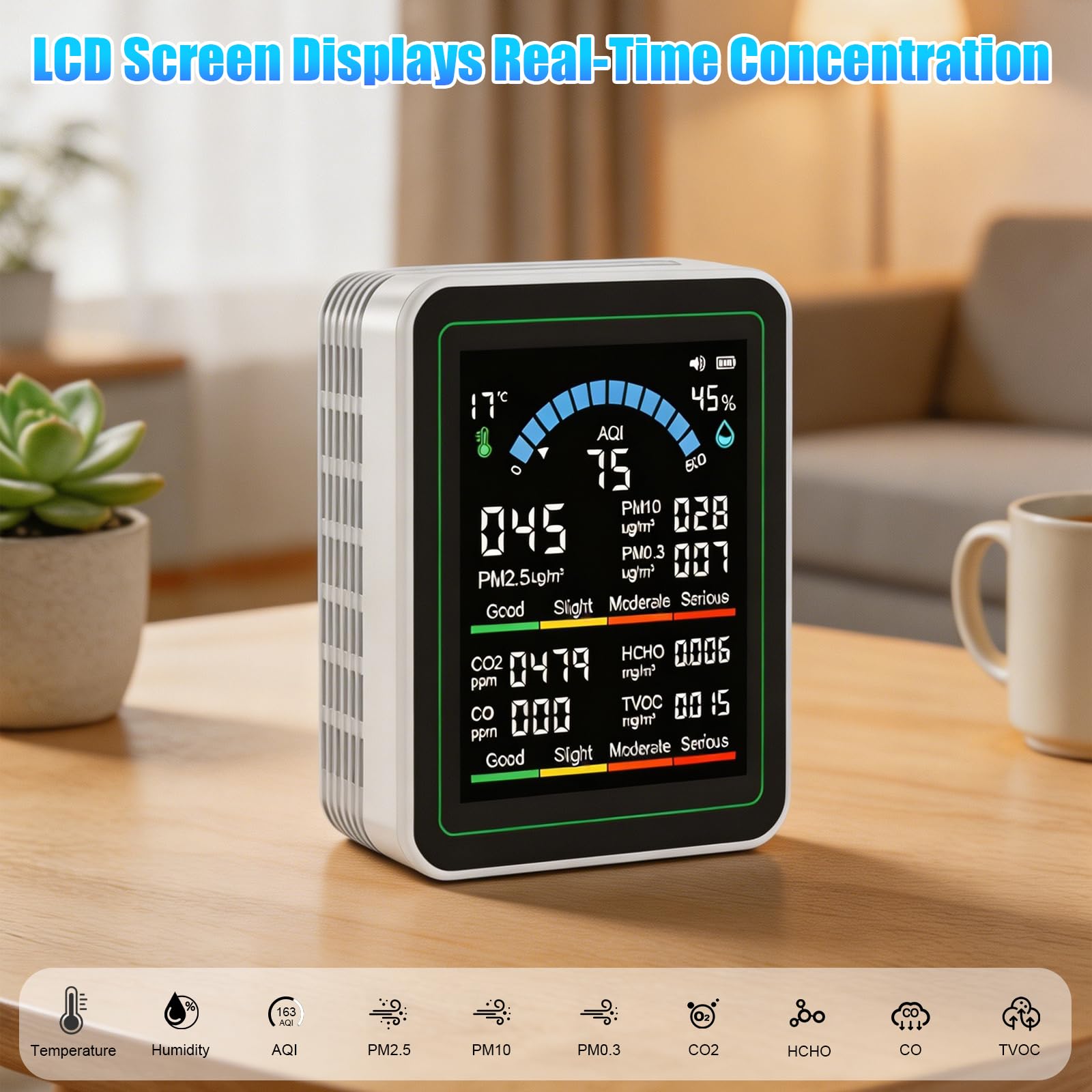 OBEST Moniteur de qualité de l'air, détecteur portable avec application pour mesurer PM2.5 / PM10 / PM0.3 / CO2 / CO/HCHO/TVOC/AQI/température et humidité, usine, bureau et intérieur