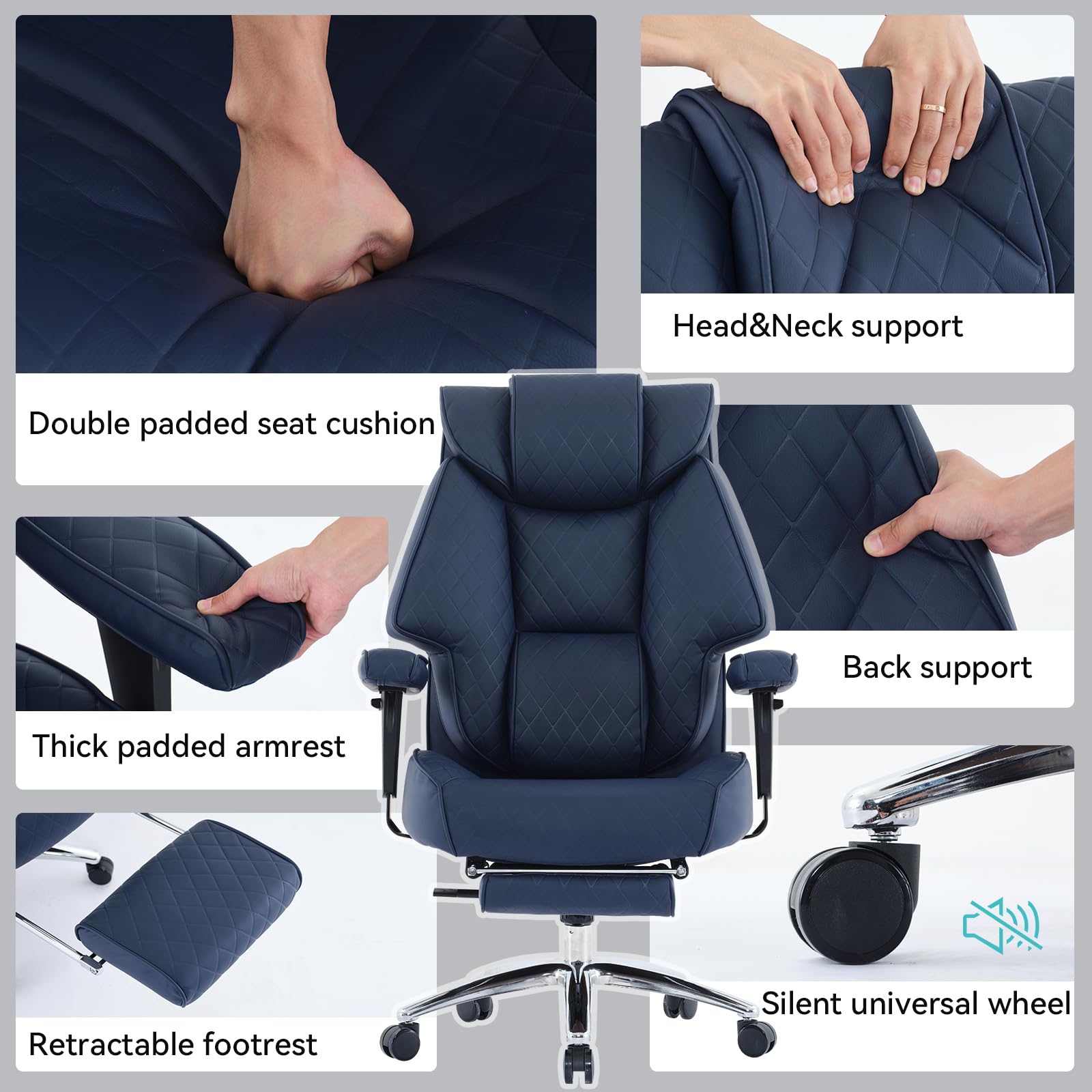 Big and Tall Office Chair with Footrest, PU Leather High Back Executive Office Chair 400lbs, Ergonomic Computer Chairs Lumbar Support for Heavy People (Blue)
