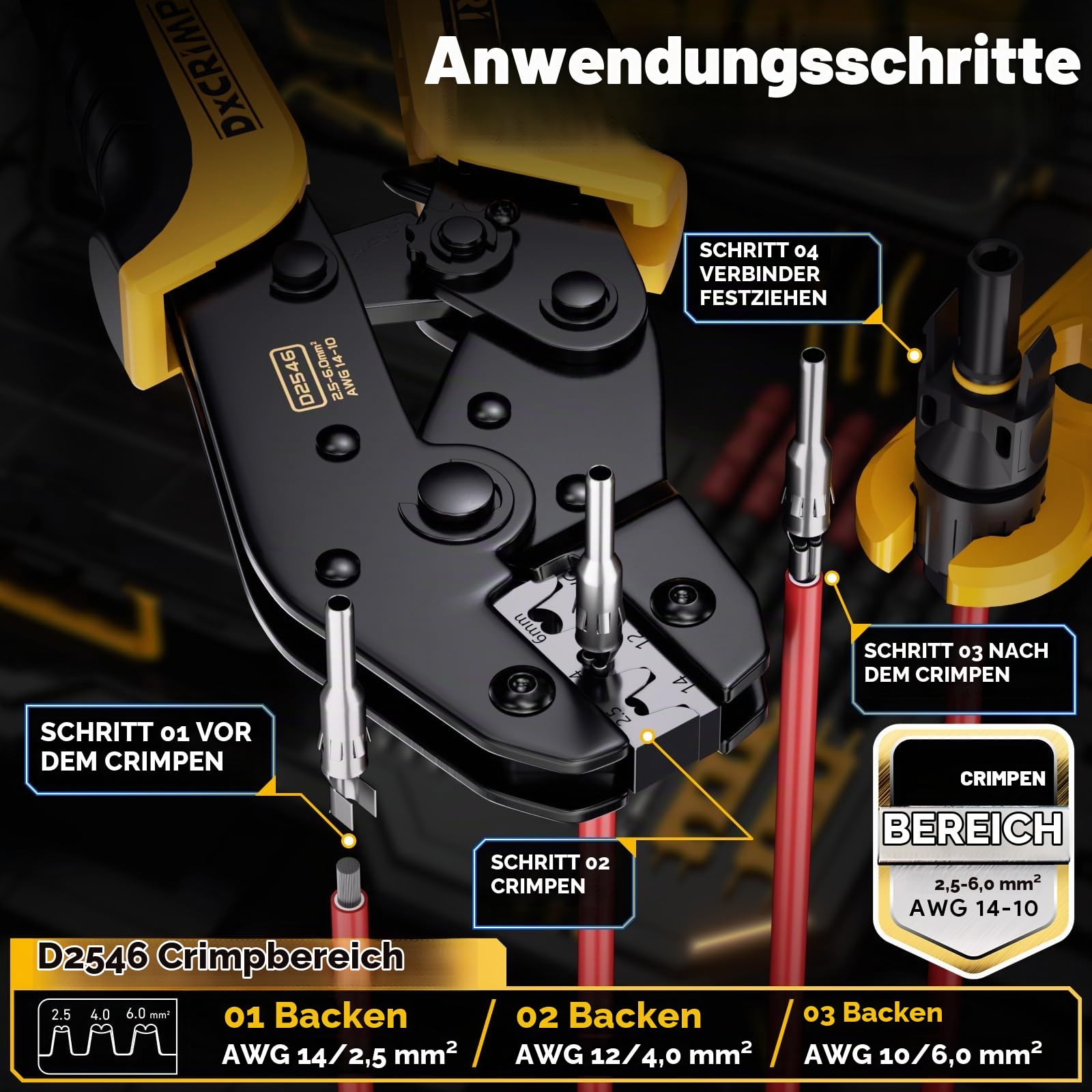 DxCRIMP Solar Crimpzange Set, PV Modul, 10 Paar Stecker für Solarkabel 2,5/4/6mm², Solar Stecker Set mit Schraubenschlüssel und Krimpzange, Abisolierzange