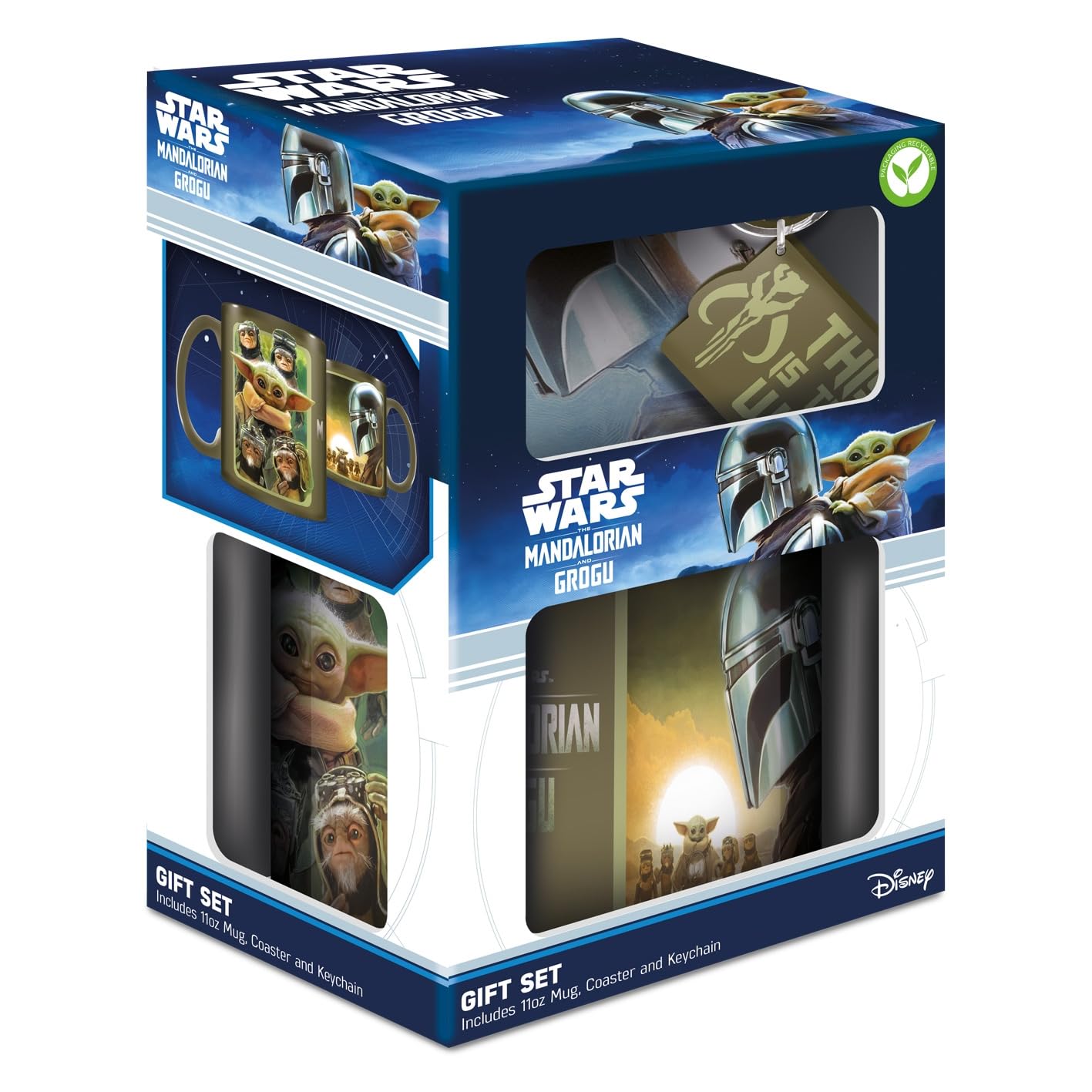 Mandalorian Grogu Gift Set Mug Coaster Keychain, Official Licensed Star Wars Set, Coffee Mug Accessories Bundle, Fan Gift