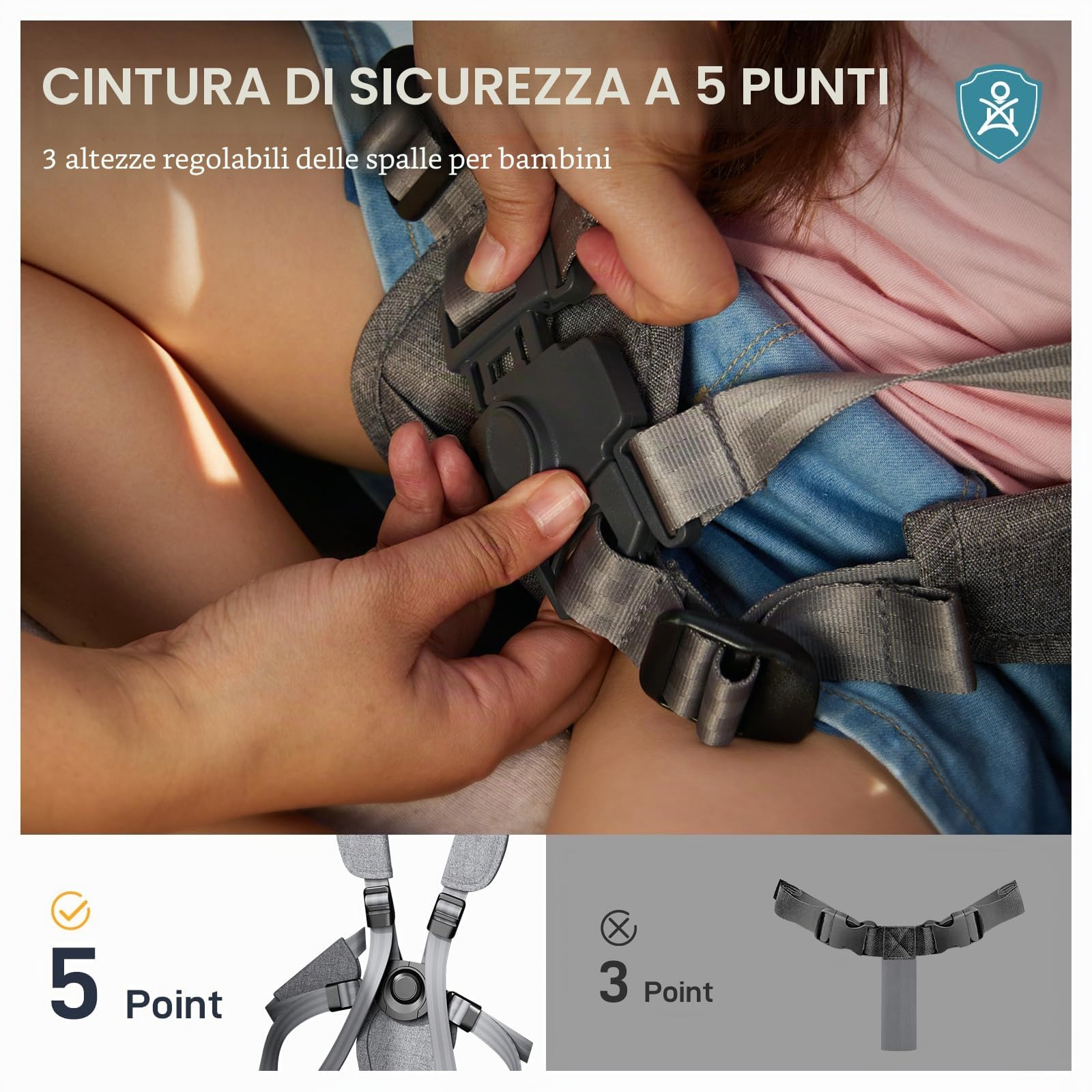 EVER ADVANCED Passeggino pieghevole per bambini con tetto, cintura di sicurezza 2x5 punti, carrello di trasporto con zaino, freno a pedale, capacità 50KG