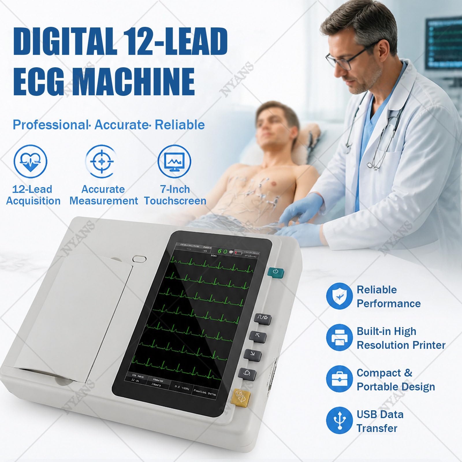 NYANS Monitor Cardiaco ECG Portatile con Schermo LCD a Colori da 7 Pollici, 12 Derivazioni, 3 Canali, per Il Monitoraggio dei Parametri Vitali