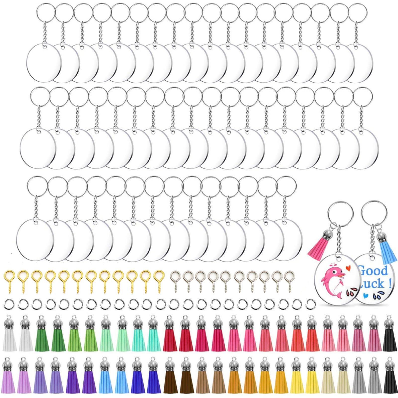 Acrylic Blank Keychains, 220Pcs Kit With Keychain Blanks, Tassels, Key Rings, Chain, Jump Rings, and Screw Eye Pins for DIY