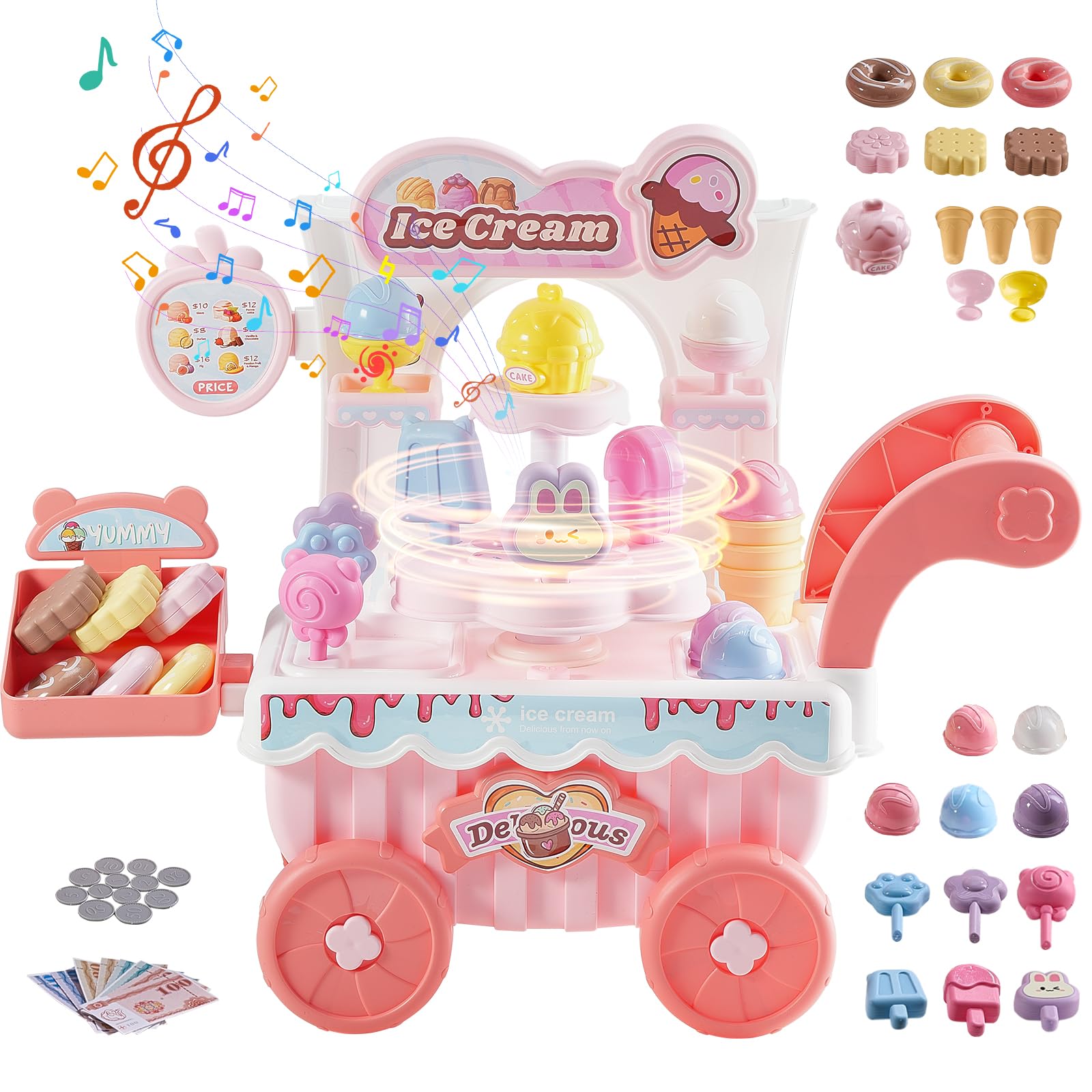 VEVOR Ice Cream Cart for Kids, 27 PCS Accessories, Pretend Play Store with Storage Trolley with Pretend Money, Sound & Light Effects, Montessori Educational Ice Cream Truck Toys for Toddlers 3+ (Pink)