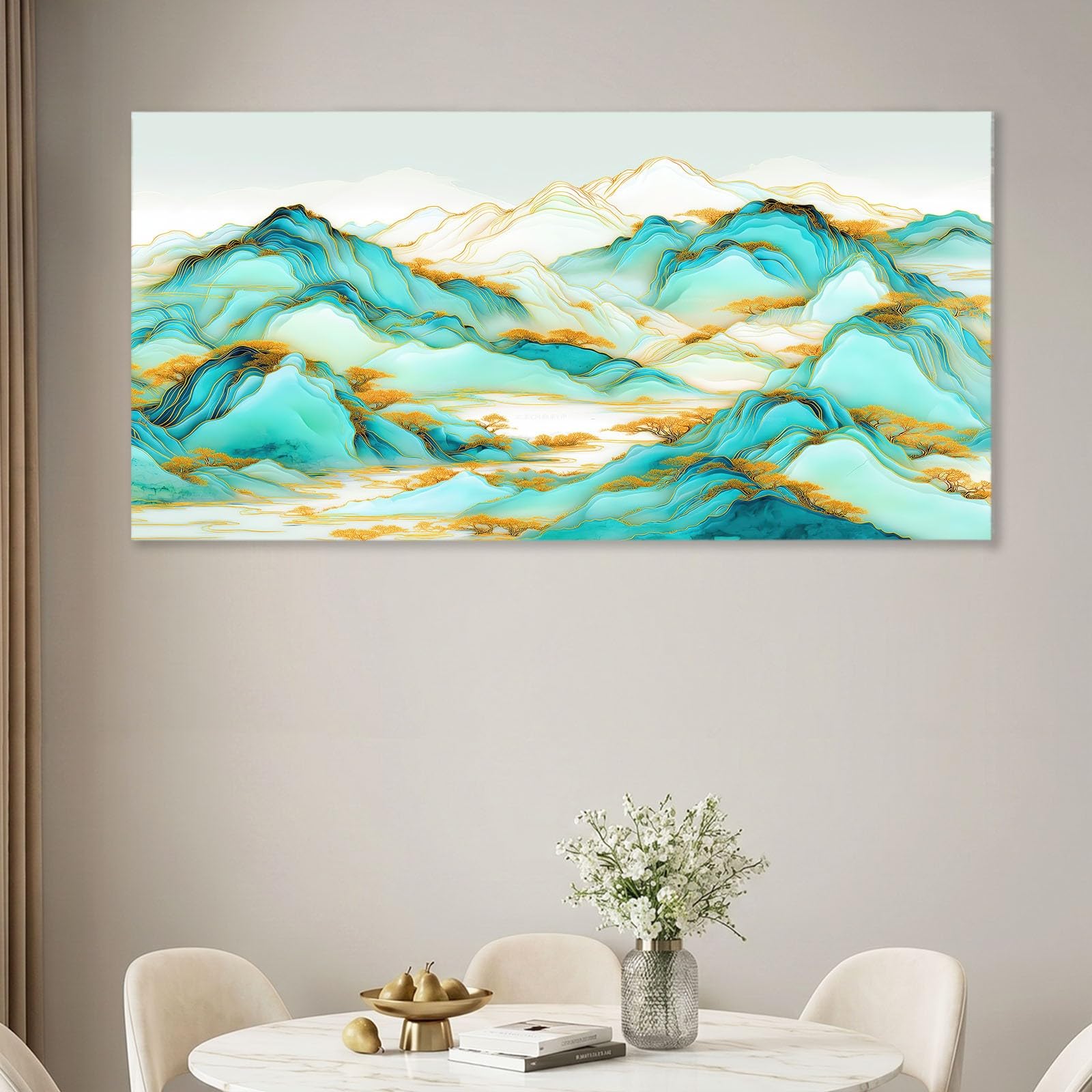 Leinwandbild 100 x 70 cm Leinwandbilder mit Abstrakt, Bild auf Leinwand - Kunstdruck auf Canvas, Bilder Wanddeko für Wohnzimmer, Schlafzimmer, Esszimmer, Tuschmalerei Landschaft Grün